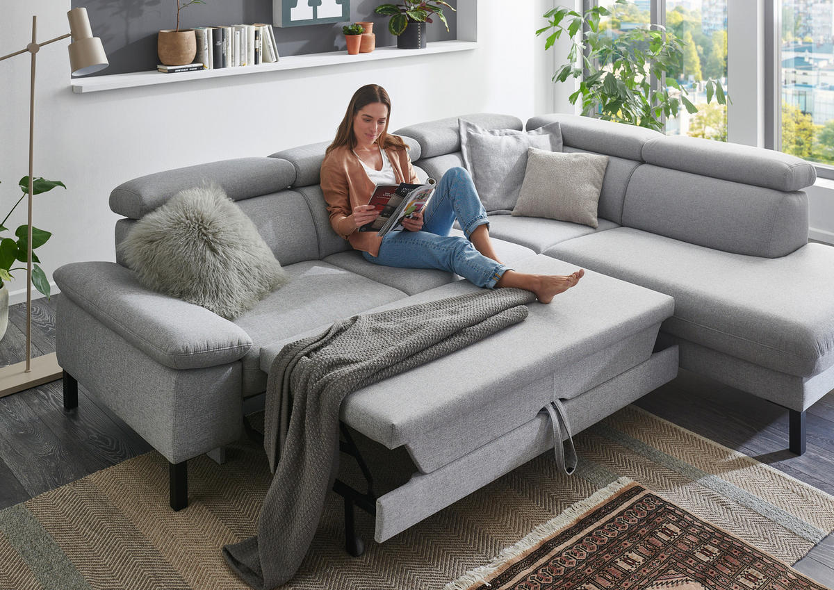 ECKSOFA in Flachgewebe Hellgrau  - Hellgrau/Schwarz, Design, Holzwerkstoff/Textil (272/217cm) - Pure Home Comfort