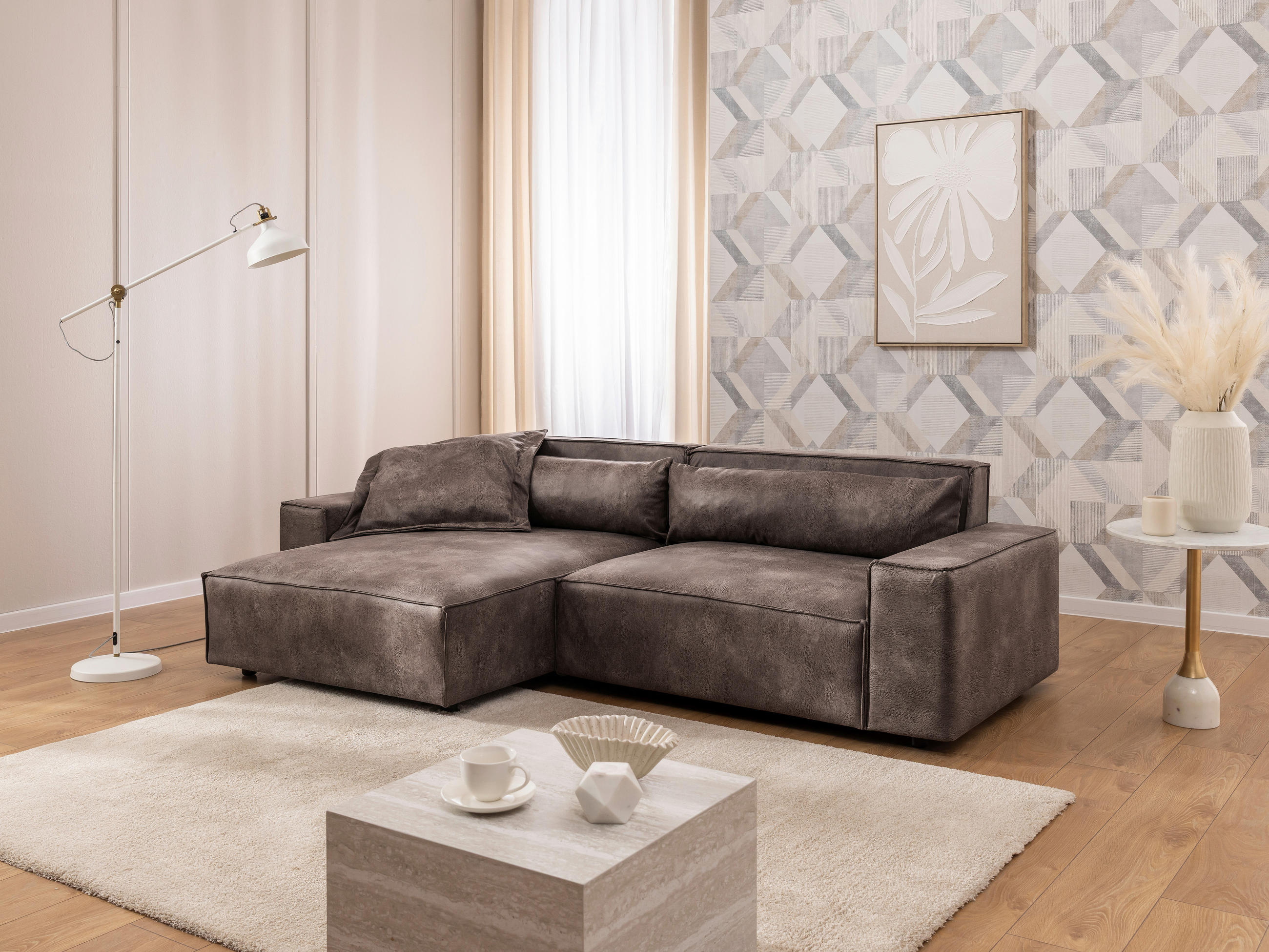 ECKSOFA Curduroy in Lederlook Graubraun Rückenkissen  251/142 cm  - Graubraun/Schwarz, Design, Kunststoff/Textil (251/142cm) - P & B