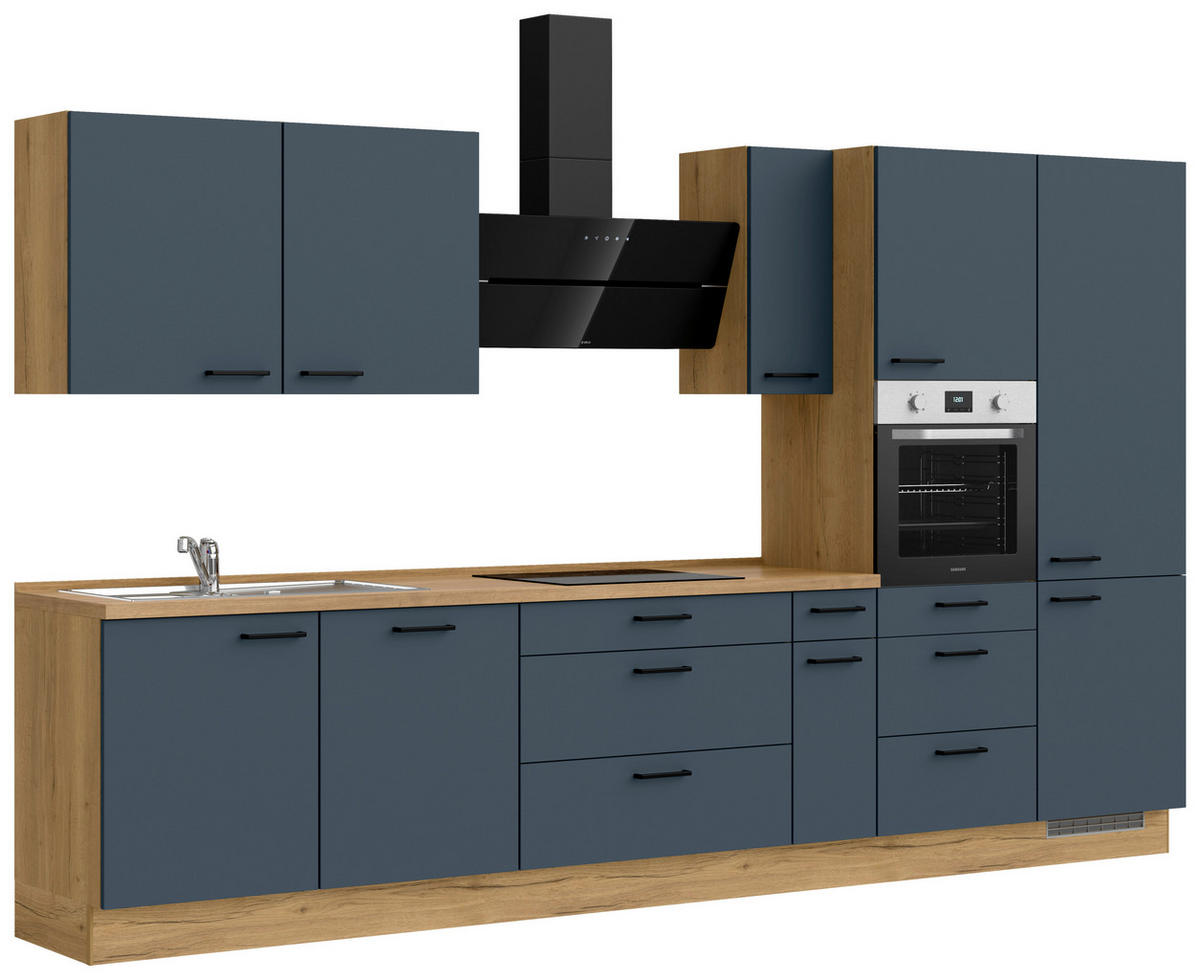 KÜCHENBLOCK 360 cm   in Eichefarben, Dunkelblau  - Eichefarben/Schwarz, MODERN, Holzwerkstoff/Metall (360cm) - Nobilia