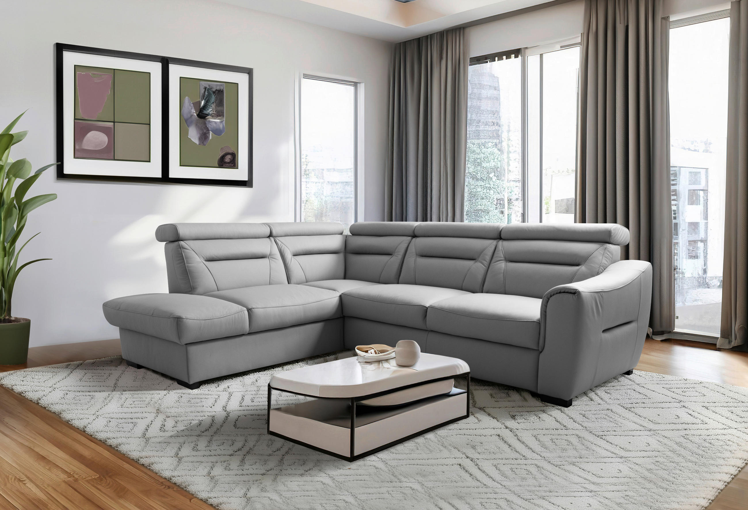 ECKSOFA  in Lederlook Echtleder Platinfarben  - Platinfarben/Wengefarben, Design, Leder/Holz (212/260cm) - Celina Home