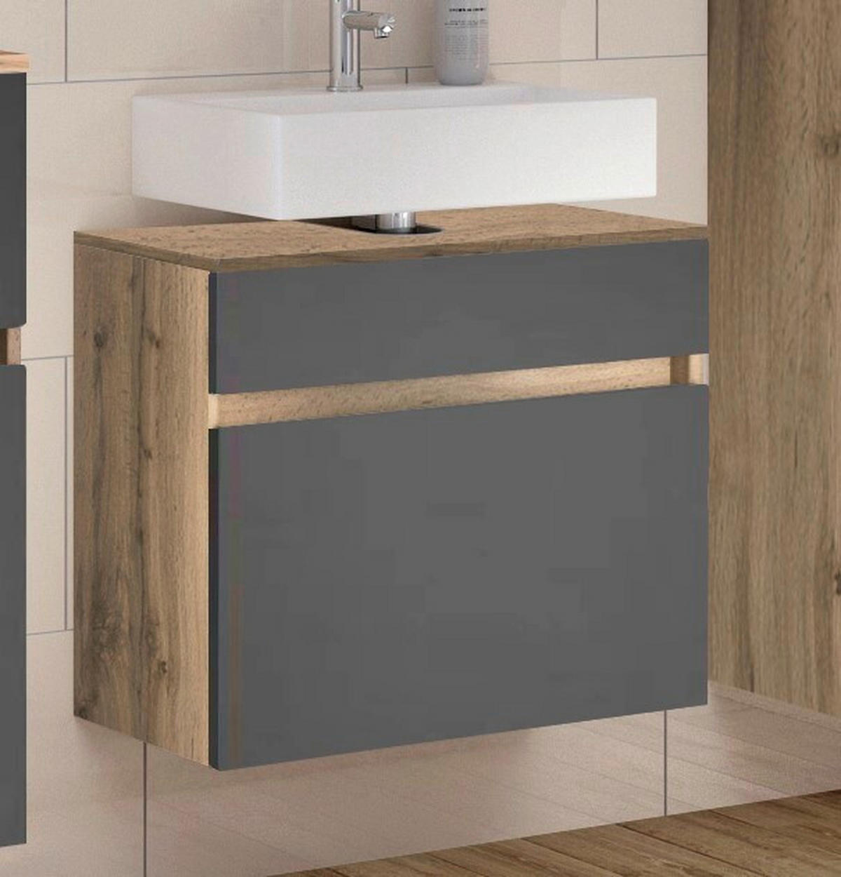 WASCHBECKENUNTERSCHRANK 60/55/35 cm  - Eiche Wotan/Silberfarben, Design, Holzwerkstoff/Kunststoff (60/55/35cm) - Held