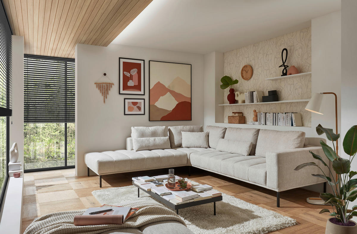 ECKSOFA in Flachgewebe Creme  270/308 cm  - Creme/Schwarz, Design, Textil/Metall (270/308cm) - Pure Home Lifestyle