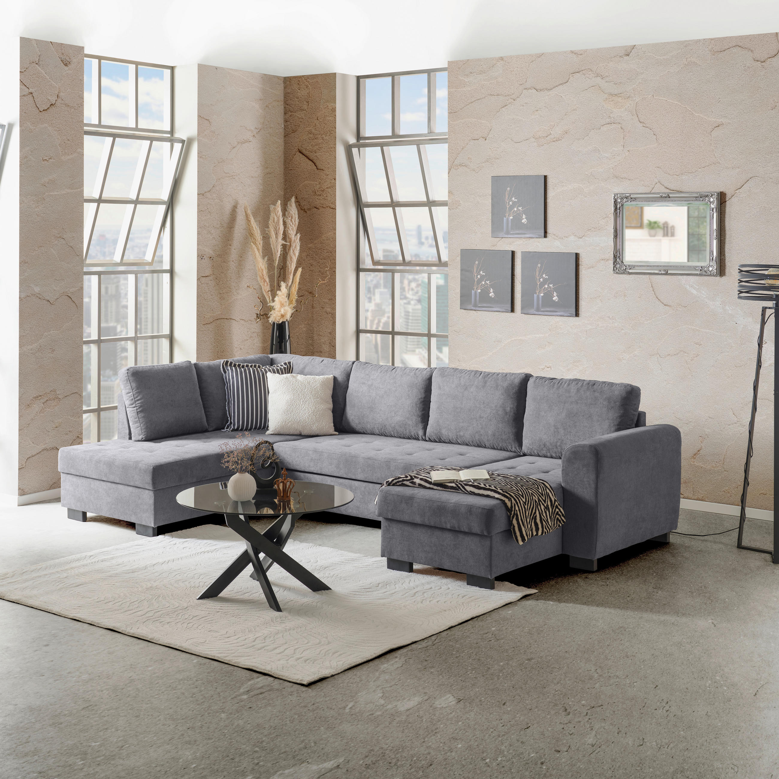 WOHNLANDSCHAFT Grau Mikrofaser  - Schwarz/Grau, MODERN, Kunststoff/Textil (178/305/155cm) - P & B