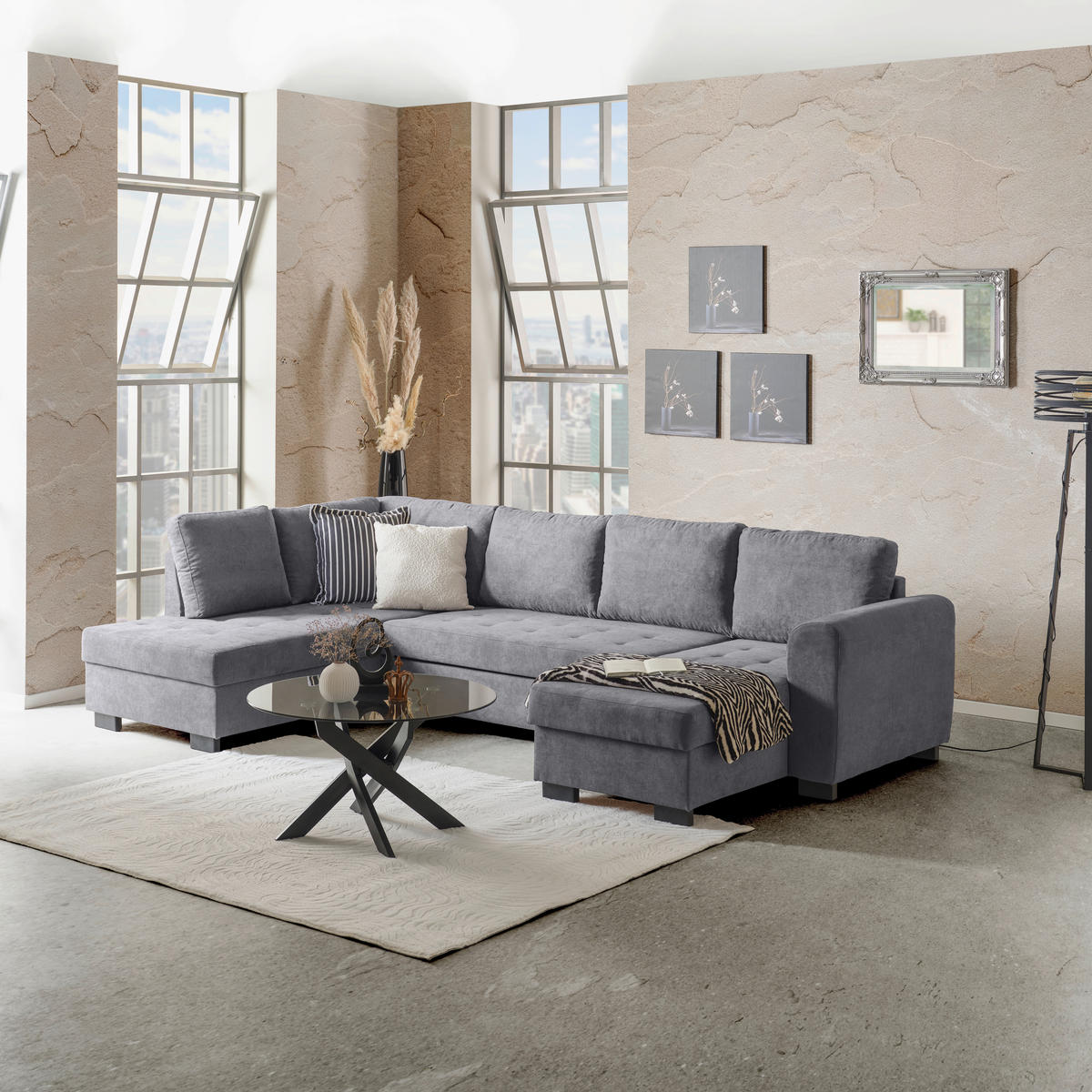 WOHNLANDSCHAFT Grau Mikrofaser  - Schwarz/Grau, MODERN, Kunststoff/Textil (178/305/155cm) - P & B