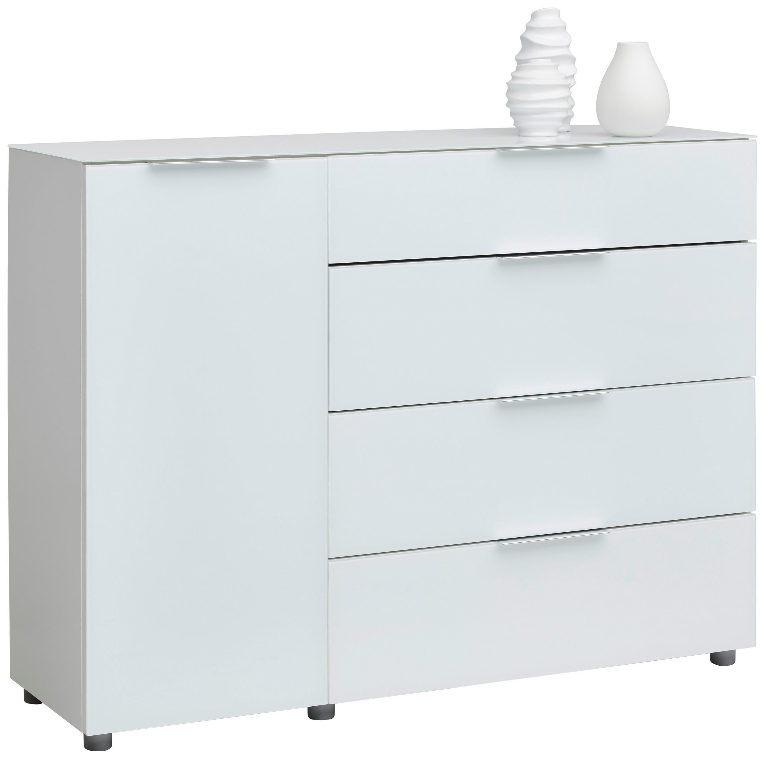 COMODĂ CU UșI 135/99/40 cm  - culoare crom/alb lucios intens, Basics, plastic/sticlă (135/99/40cm) - Voleo