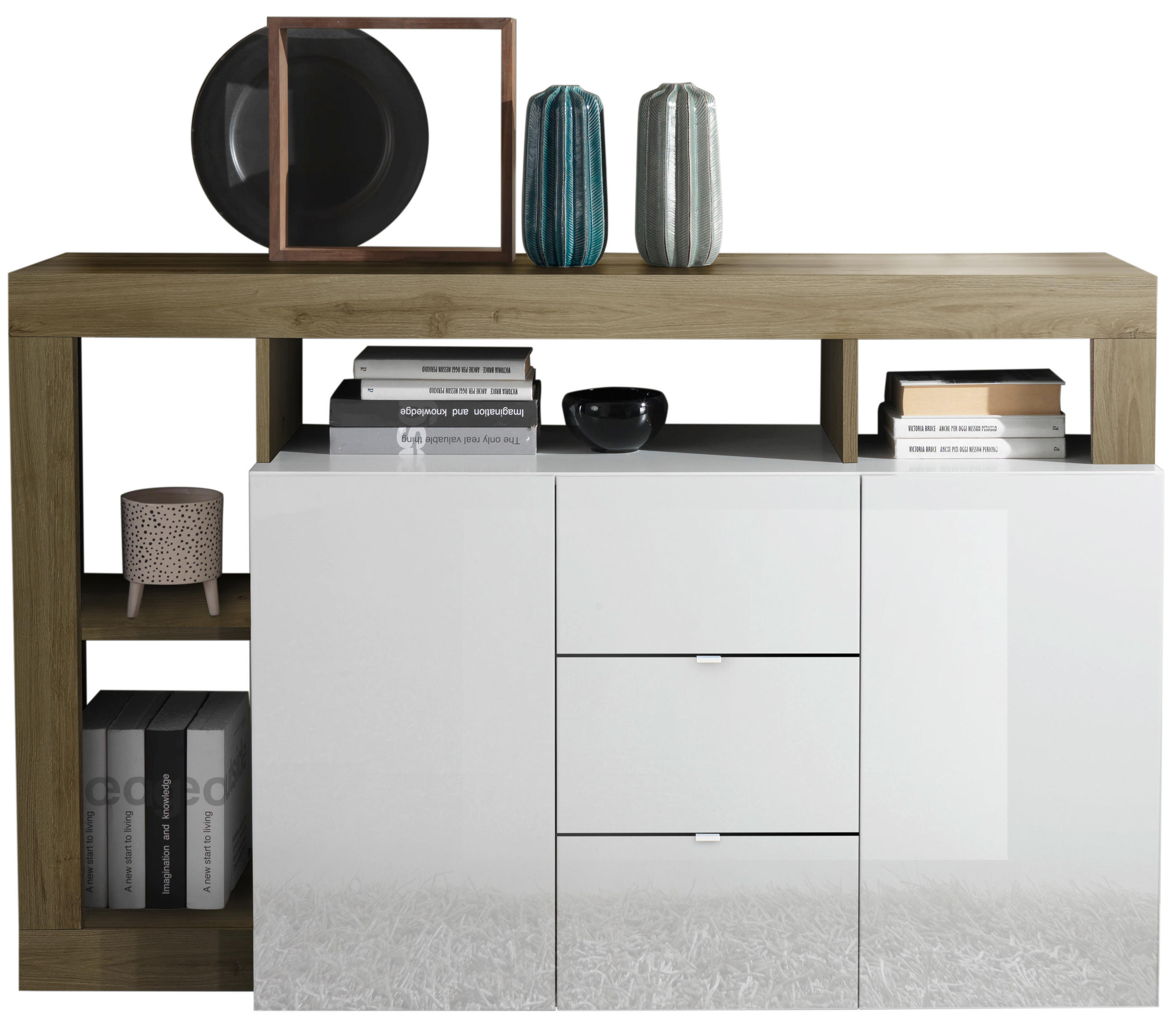 KOMODA, barve hrasta, bela, visoki sijaj  - črna/barve hrasta, Basics, kovina/umetna masa (146/93/42cm) - Livetastic