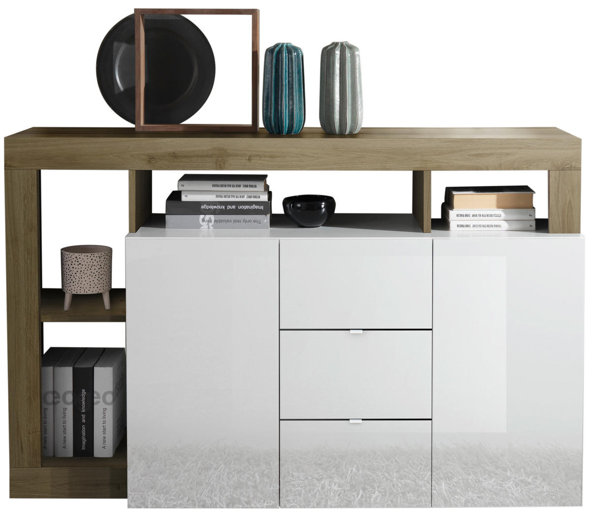 KOMODA, barve hrasta, bela, visoki sijaj  - črna/barve hrasta, Basics, kovina/umetna masa (146/93/42cm) - Livetastic