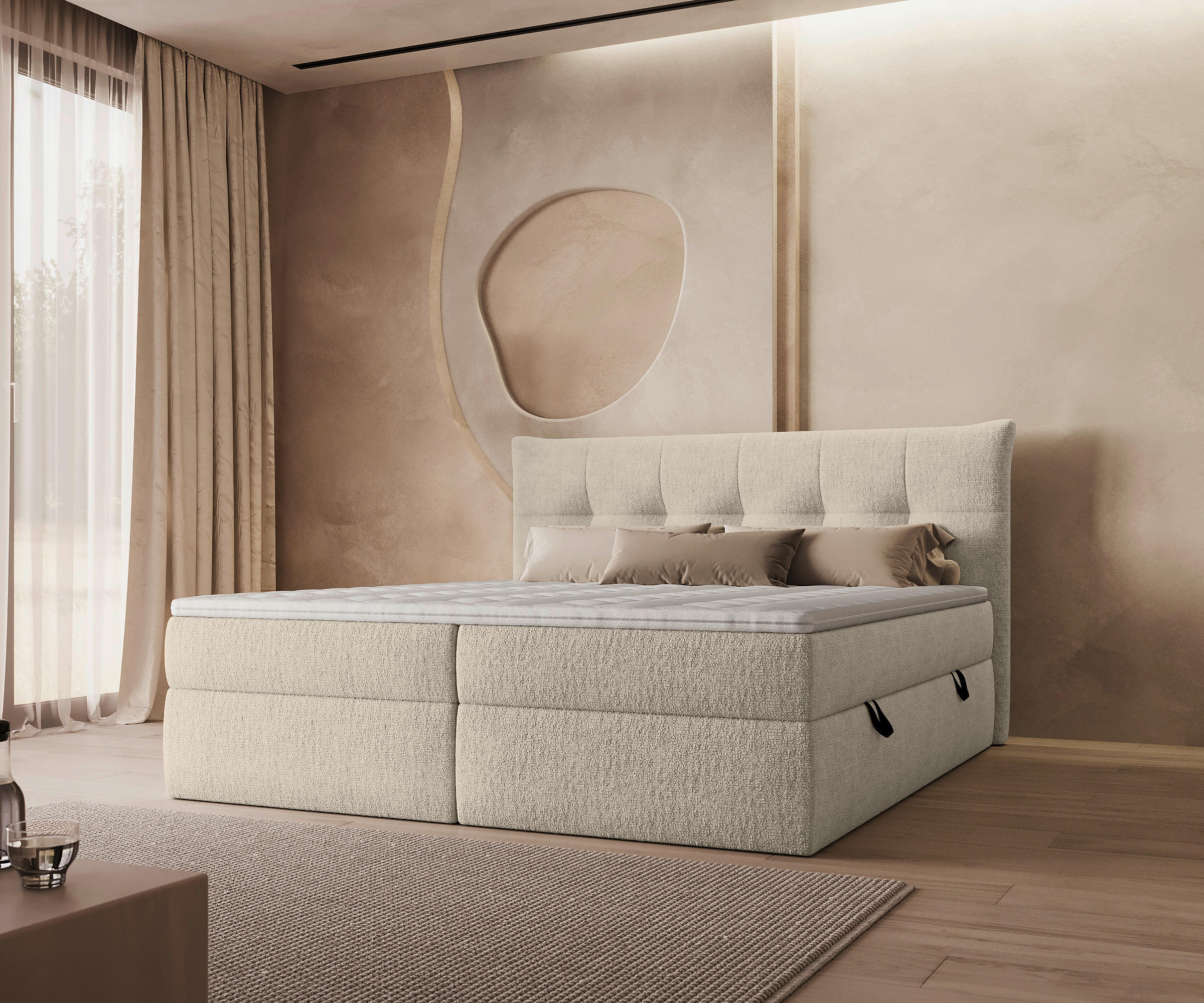 BOXBETT 140/200 cm,  in Creme, gepolstertes Kopfteil, Bettkasten, Topper, Matratzen, H3 = fest  - Creme/Schwarz, MODERN, Holz/Holzwerkstoff (140/200cm) - Boxxx