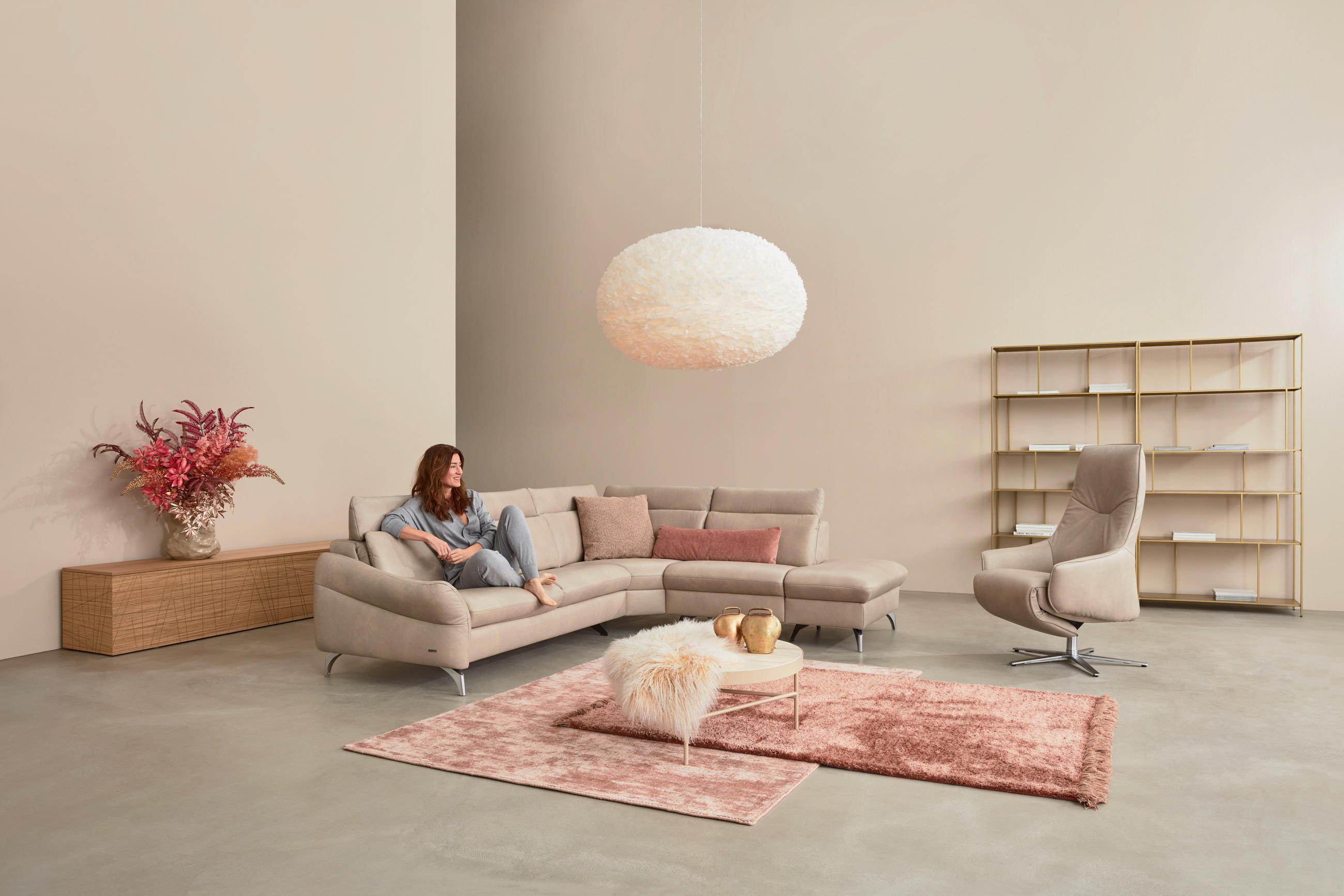 ECKSOFA in Echtleder Creme  - Edelstahlfarben/Creme, Konventionell, Leder/Metall (243/292cm) - Himolla Komfortklass
