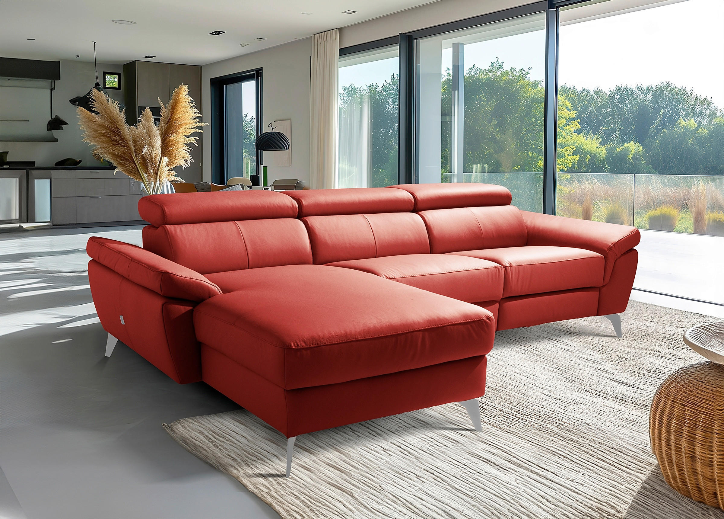 ECKSOFA Lederlook Echtleder Rot  - Chromfarben/Rot, Design, Leder/Textil (252/179cm) - Livetastic