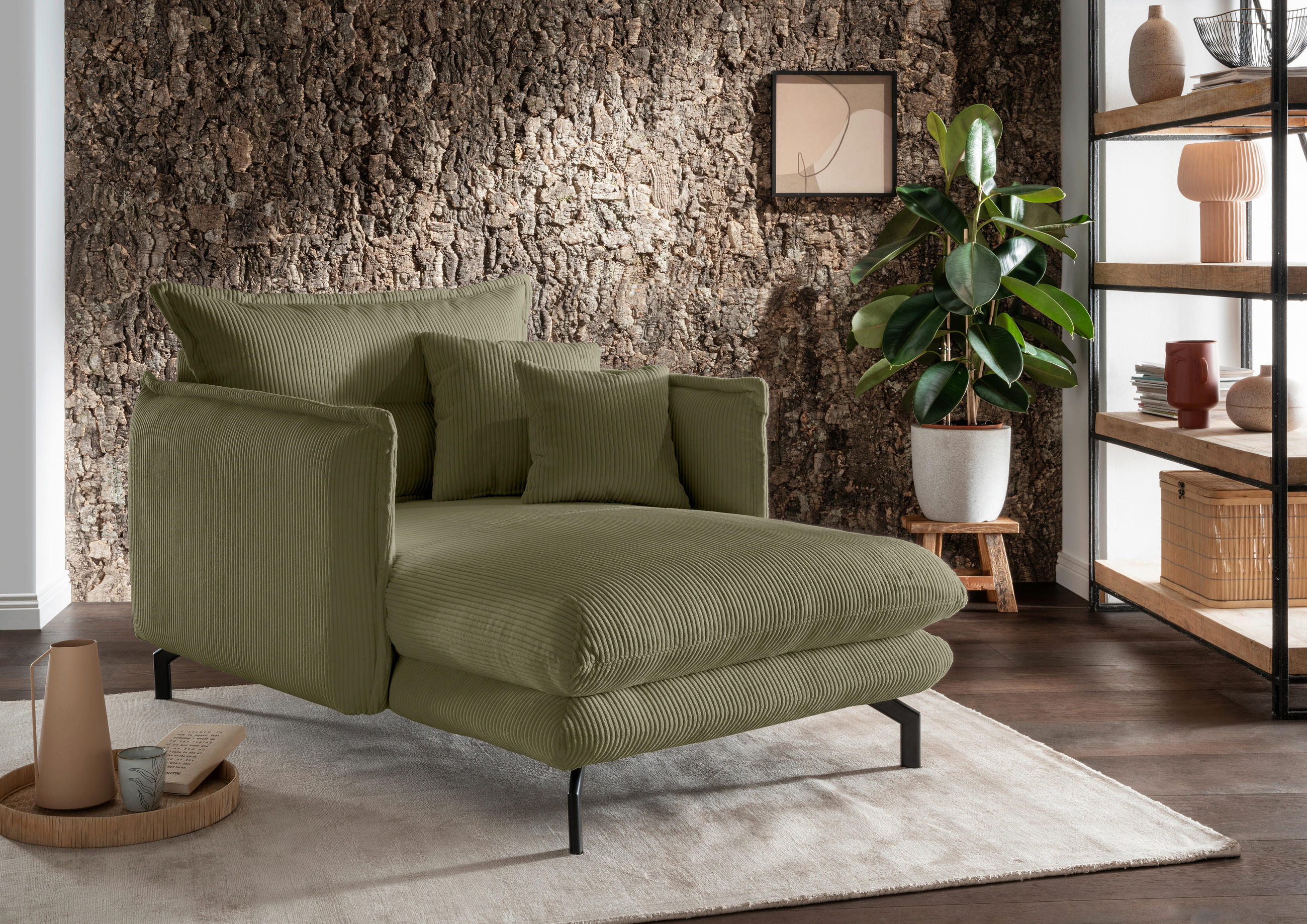 XXL-SESSEL Cord Olivgrün    - Schwarz/Olivgrün, MODERN, Textil/Metall (111/101/167cm) - Livetastic