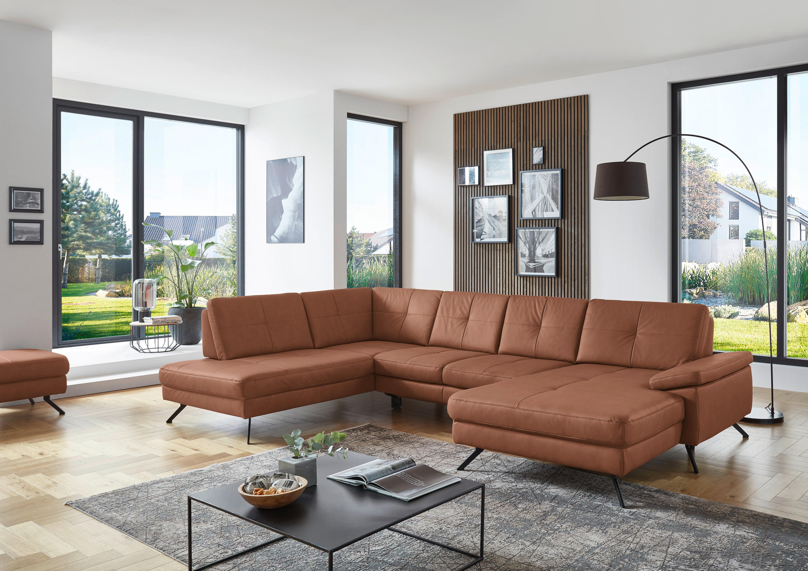 WOHNLANDSCHAFT in Lederlook, Mikrofaser Braun  - Schwarz/Braun, Design, Textil/Metall (220/345cm) - Beldomo System