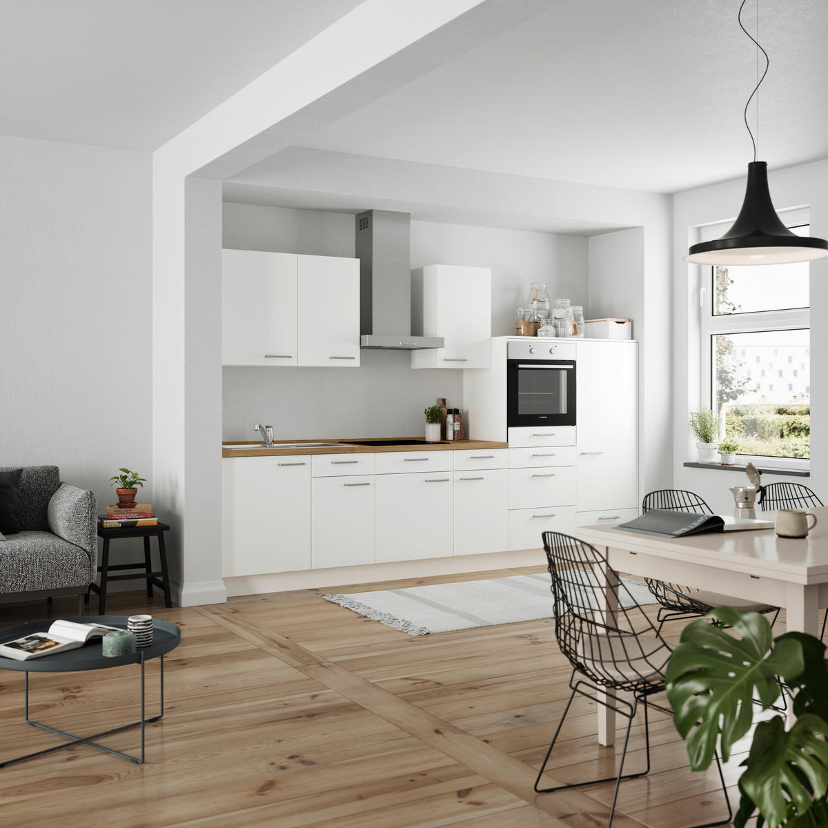 KÜCHENBLOCK 330 cm   in Weiß, Eichefarben  - Edelstahlfarben/Eichefarben, MODERN, Holzwerkstoff/Metall (330cm) - Nobilia