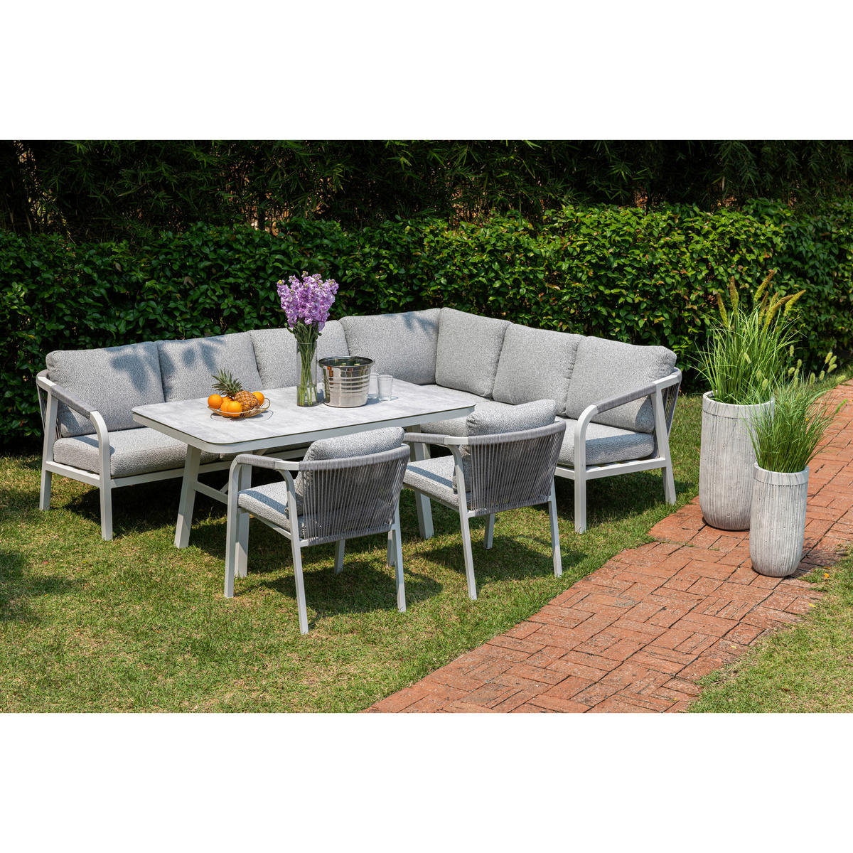 DINING-LOUNGESET  - Weiß/Grau, MODERN, Glas/Textil - Gardenson