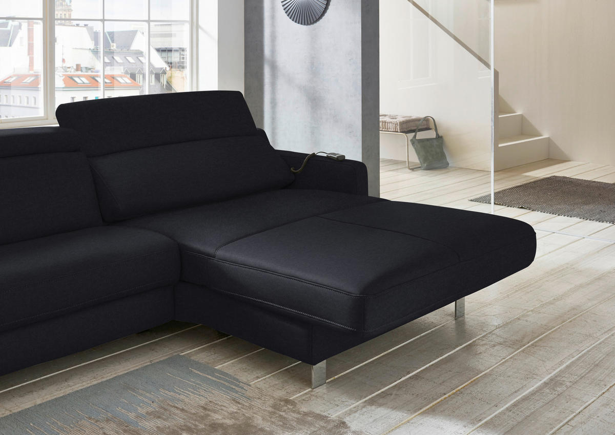 ECKSOFA Echtleder Schwarz  - Chromfarben/Schwarz, Design, Leder/Metall (291/176cm) - Valdera