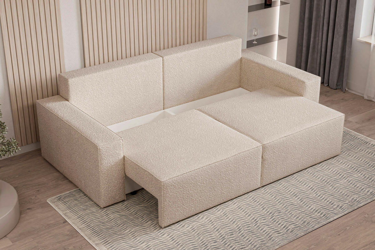 SCHLAFSOFA BRAZIL SOFA Bouclé Sandfarben  inkl. Schlaffunktion, Rücken echt, Stauraum  - Sandfarben/Schwarz, Design, Textil (248/92/110cm) - MID.YOU
