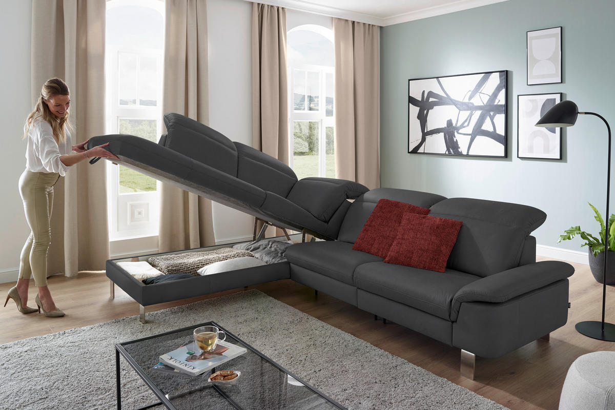 ECKSOFA in Echtleder Grau  233/309 cm  - Edelstahlfarben/Grau, Design, Leder/Metall (233/309cm) - Dieter Knoll