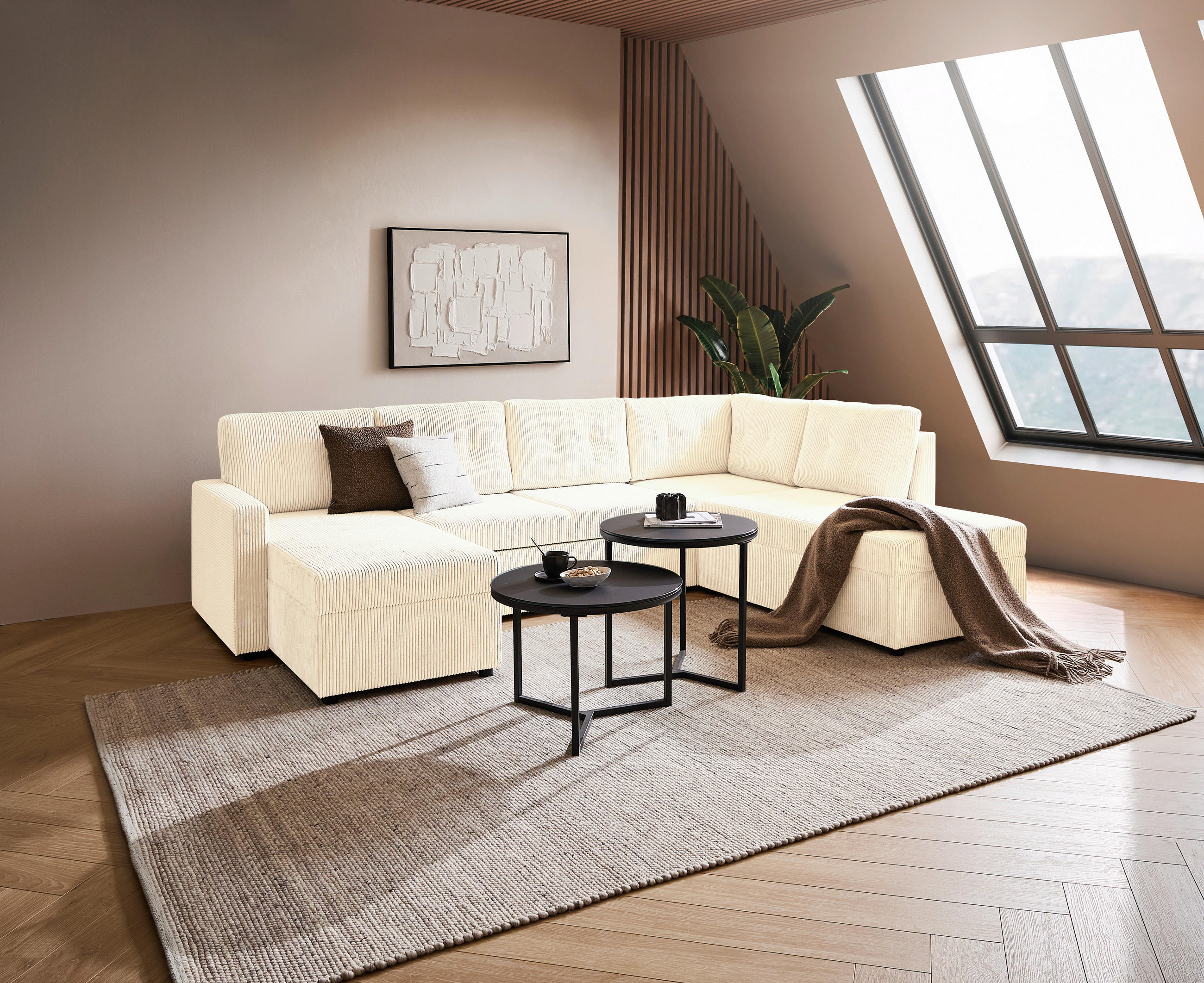 WOHNLANDSCHAFT Creme Cord  - Creme/Schwarz, KONVENTIONELL, Kunststoff/Textil (155/293/212cm) - Ti'me