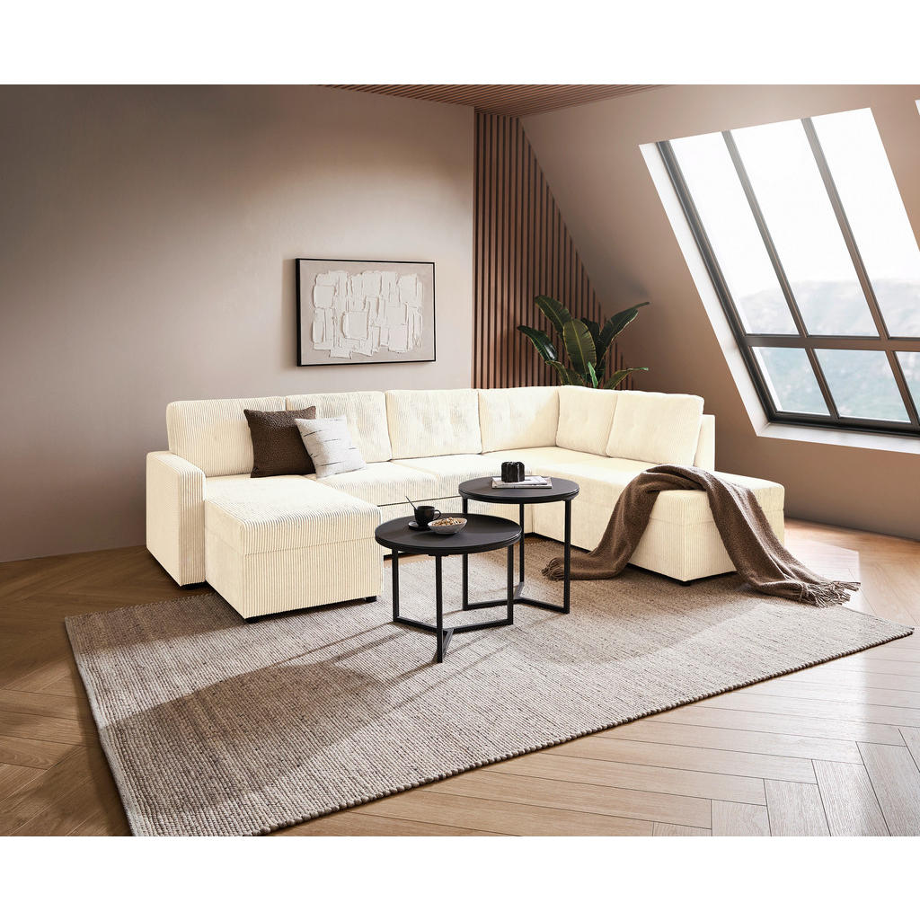 Thumbnail - Ti'me Wohnlandschaft, Creme, Textil, 4-5-Sitzer, Füllung: Schaumstoff, Ottomane links, U-Form, 293x155 cm, Liegefunktion...