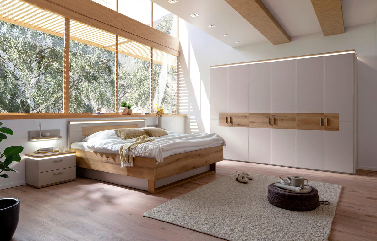 Pat, 180/200 cm, culoare lemn stejar, cașmir - cașmir/culoare lemn stejar, Design, material pe bază de lemn (180/200cm) - Venda