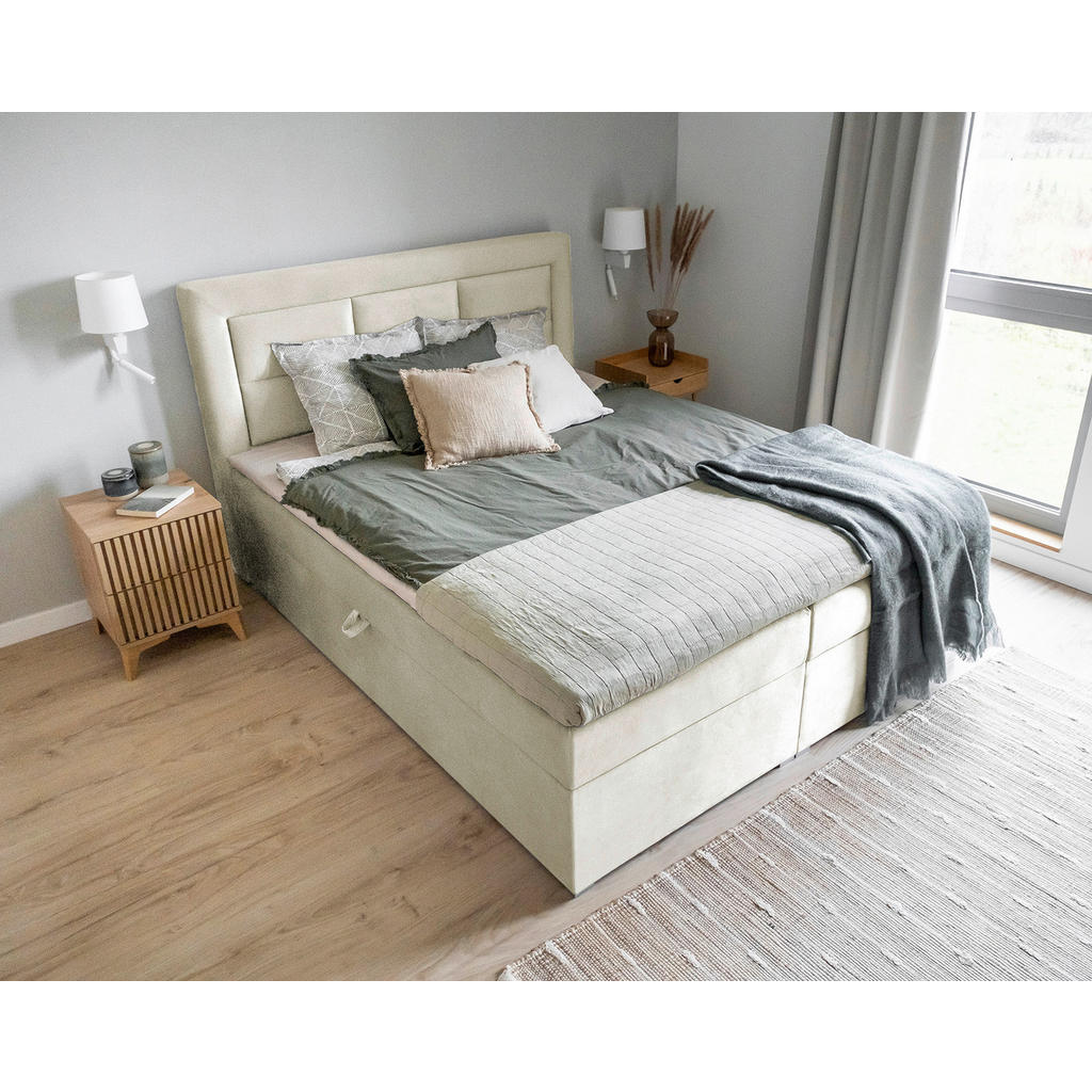 Thumbnail - Mid.you Boxbett, Creme, Textil, H3, Höhe ca. 15 cm, 180x200 cm, Bettkasten, gepolstertes Kopfteil, Topper durchgehend, S...