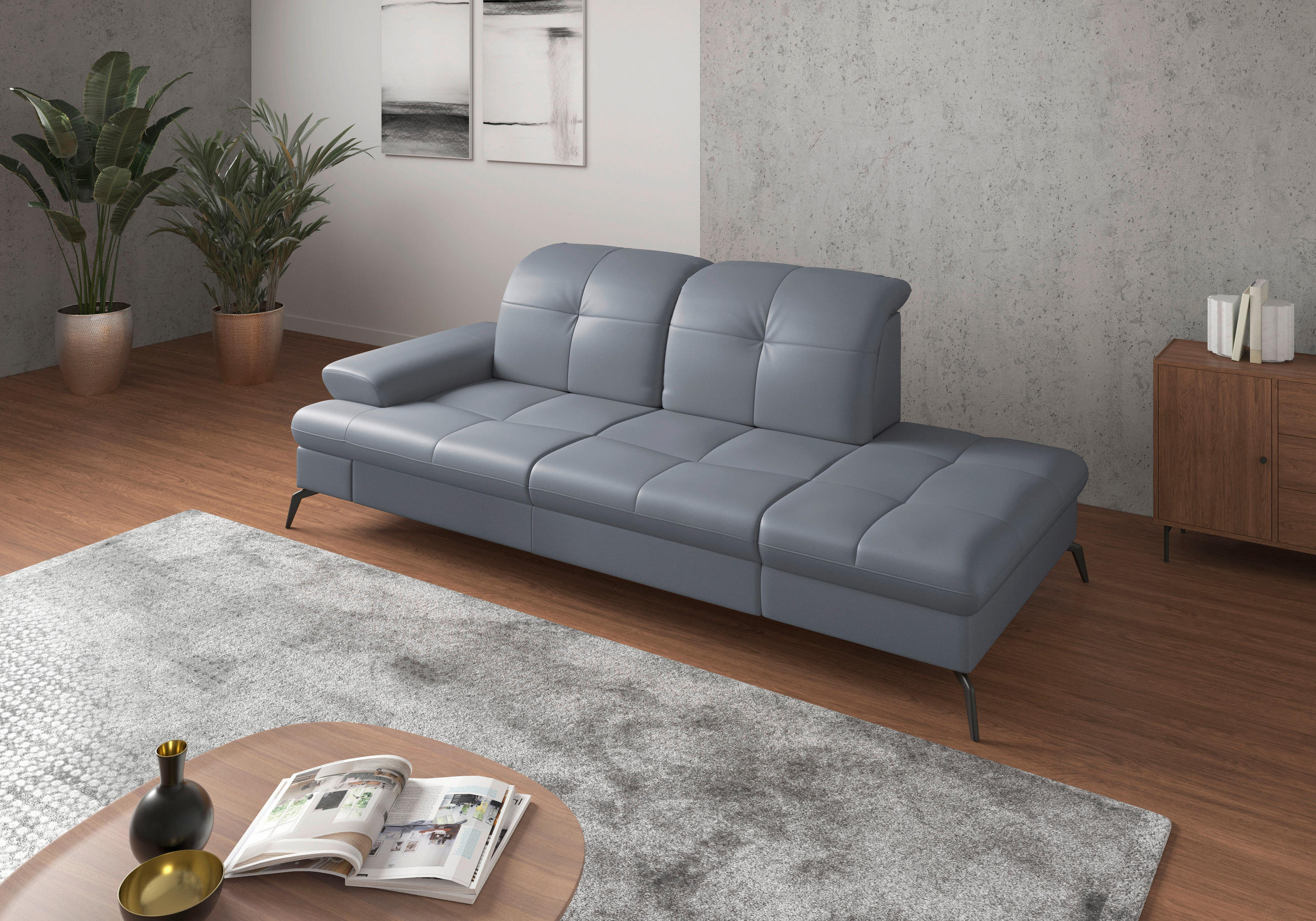 RÉCAMIERE in Echtleder Graublau  - Graublau/Schwarz, KONVENTIONELL, Leder/Metall (231/90/122cm) - Sit & More