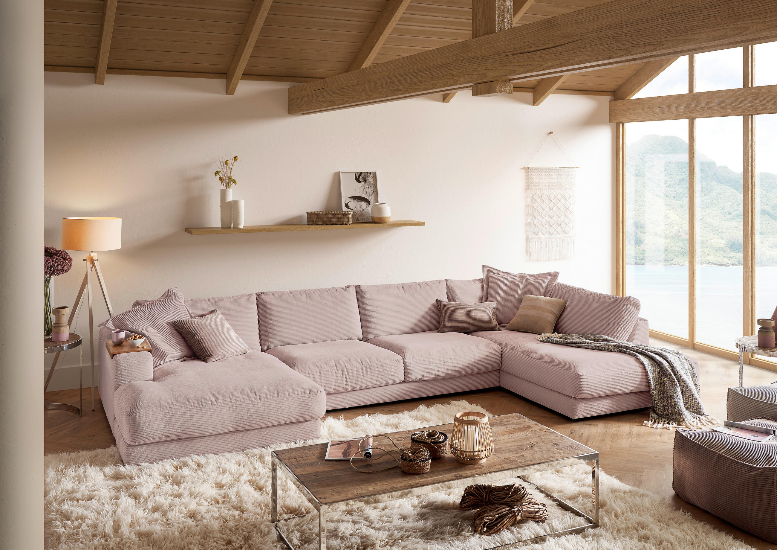 WOHNLANDSCHAFT in Cord Rosa  - Schwarz/Rosa, Design, Kunststoff/Textil (190/425/224cm) - Hom`in