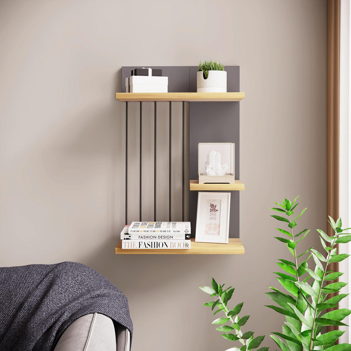 Poliță De Perete 40/60/19 cm, antracit, culoare lemn stejar  - culoare lemn stejar/antracit, Design, material pe bază de lemn (40/60/19cm) - Livetastic