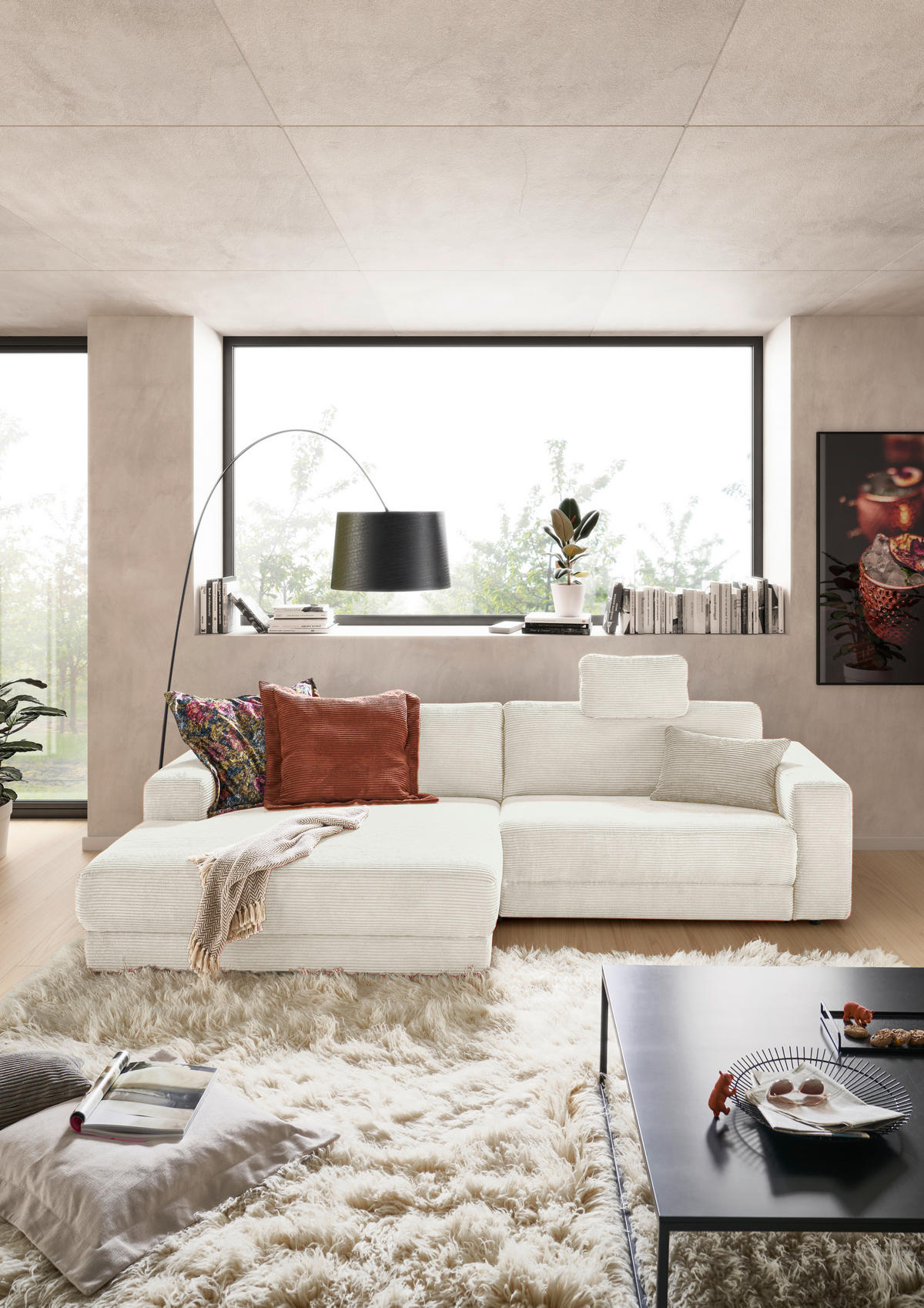 ECKSOFA inkl. Relaxfunktion Naturfarben Cord  - Schwarz/Naturfarben, Design, Kunststoff/Textil (168/296cm) - Pure Home Lifestyle