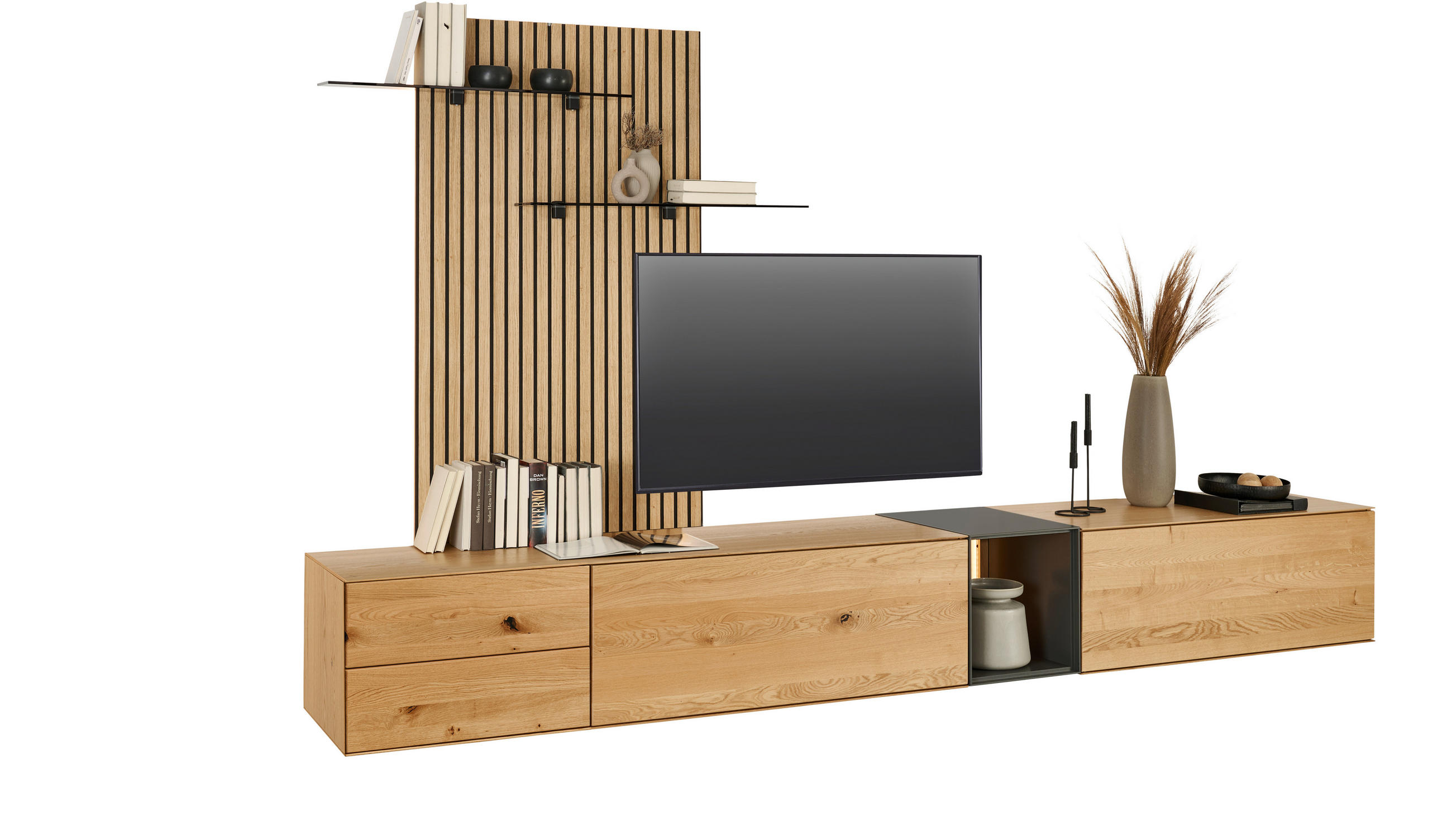 WOHNWAND  in Anthrazit, Eichefarben  342/204/50 cm LED-Leuchtmittel   - Eichefarben/Anthrazit, Design, Glas/Holz (342/204/50cm) - Dieter Knoll