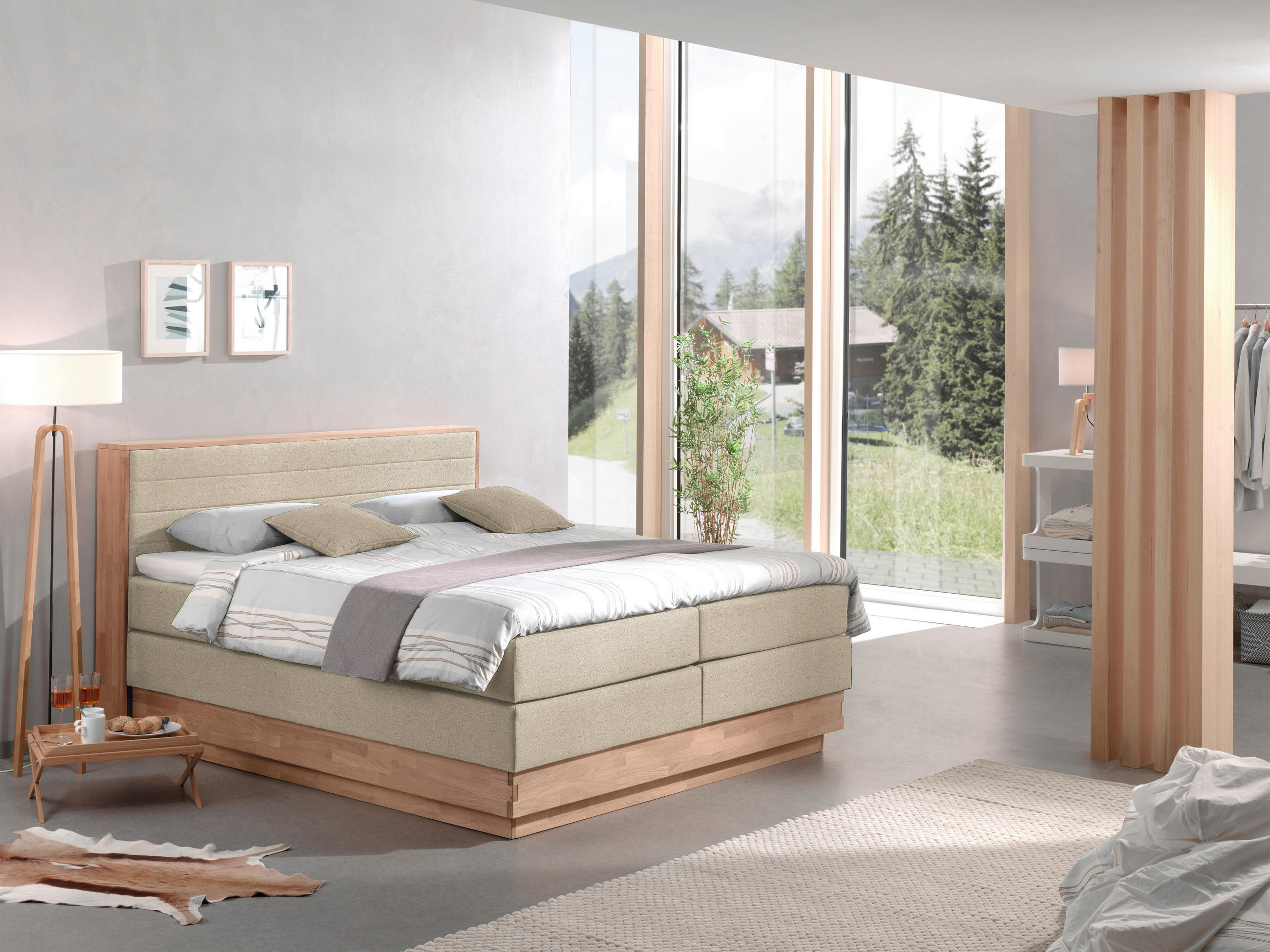 BOXSPRINGBETT 180/200 cm,  in Eichefarben, Beige, Matratze, gepolstertes Kopfteil, Bettkasten, Topper, H3 + H3 = fest  - Eichefarben/Beige, MODERN, Holz/Kunststoff (180/200cm) - MID.YOU