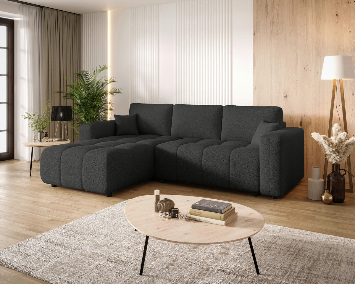 ECKSOFA Dunkelgrau Bouclé Zierkissen, Rückenkissen, Bettkasten, Schlaffunktion, Rücken echt, Liegefläche im Originalstoff  - Dunkelgrau/Schwarz, MODERN, Kunststoff/Textil (190/280cm) - Carryhome