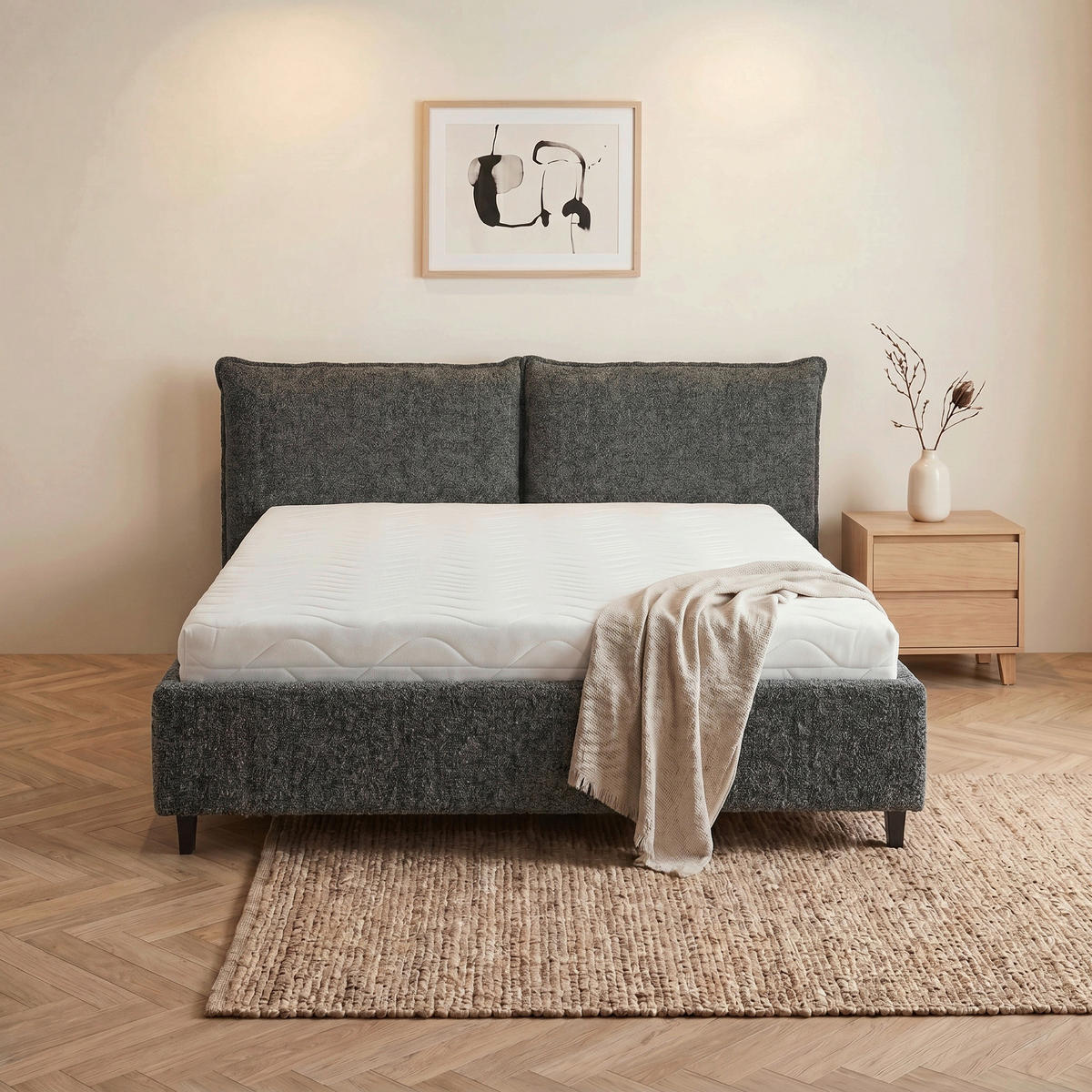 POLSTERBETT gepolstertes Kopfteil, Lattenrost, Bettkasten Graphitfarben 180/200 cm  - Schwarz/Graphitfarben, MODERN, Holz/Textil (180/200cm) - Livetastic