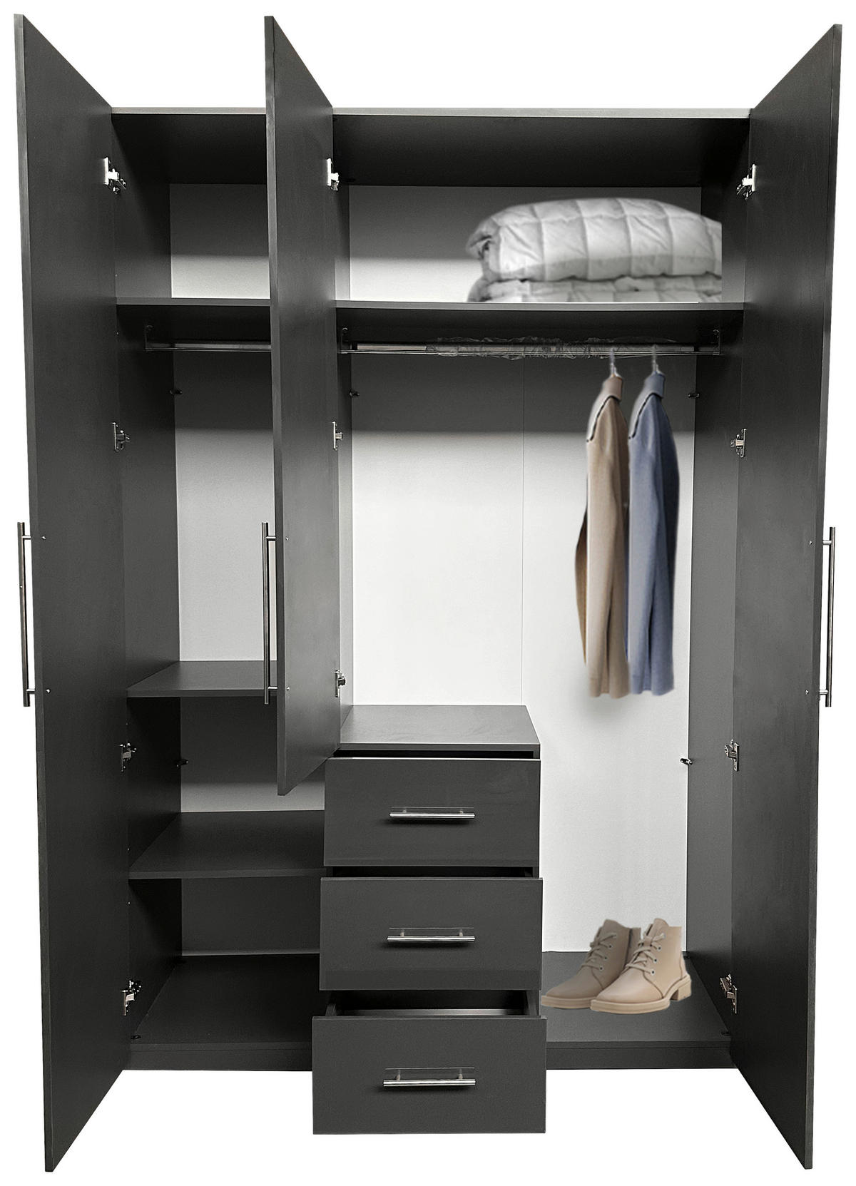 KLEIDERSCHRANK 147/219/59 cm 3-türig Anthrazit Hochglanz, Anthrazit  - Anthrazit/Anthrazit Hochglanz, KONVENTIONELL, Holzwerkstoff/Metall (147/219/59cm) - Carryhome