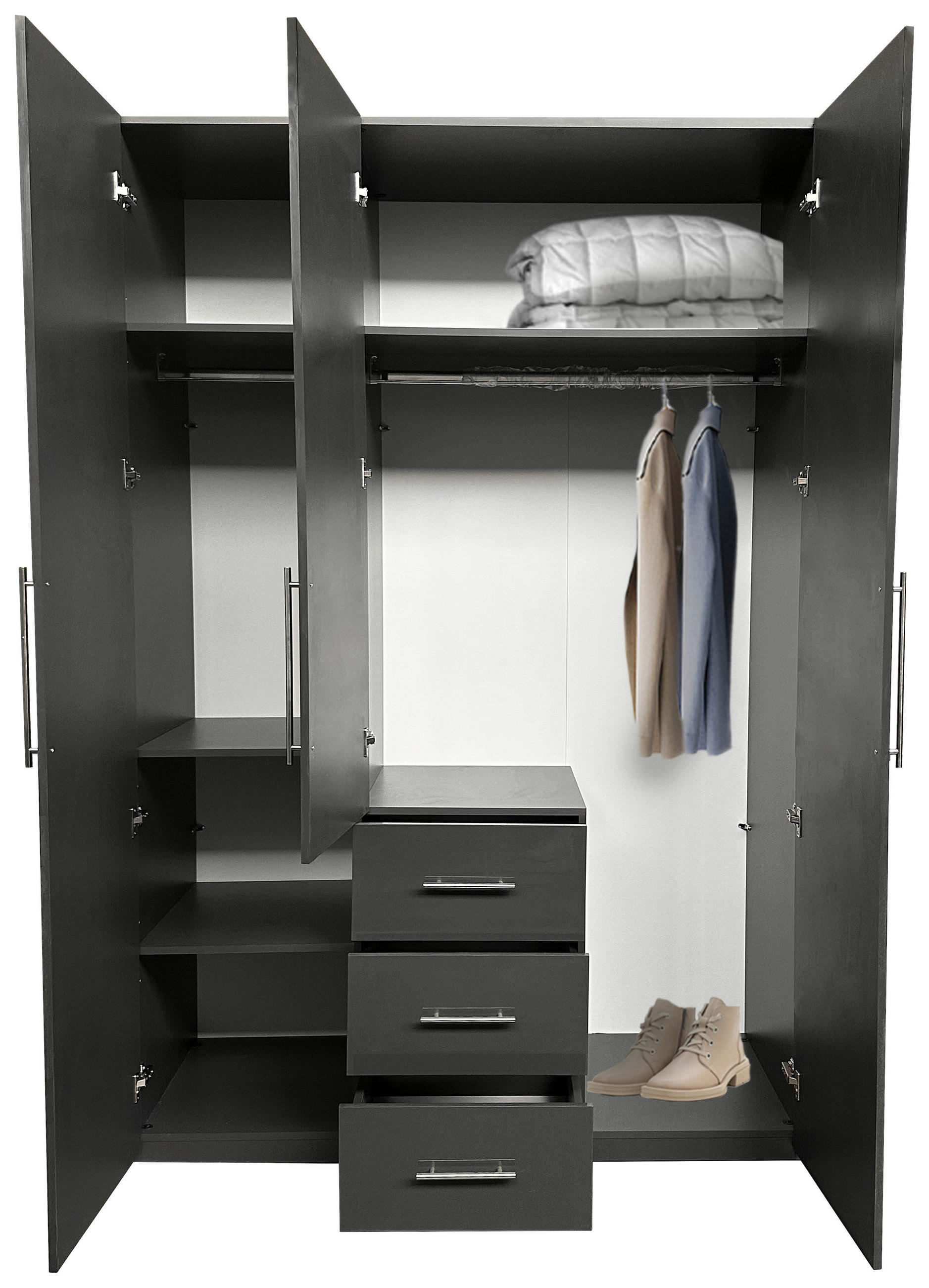 Thumbnail - Carryhome Kleiderschrank, Anthrazit, Anthrazit Hochglanz, Metall, 4 Fächer, 3 Schubladen, 147x219x59 cm, Typenauswahl, i...