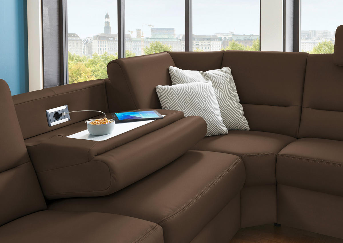 ECKSOFA in Echtleder Graubraun  - Graubraun/Alufarben, Konventionell, Leder/Metall (290/249cm) - Beldomo Premium