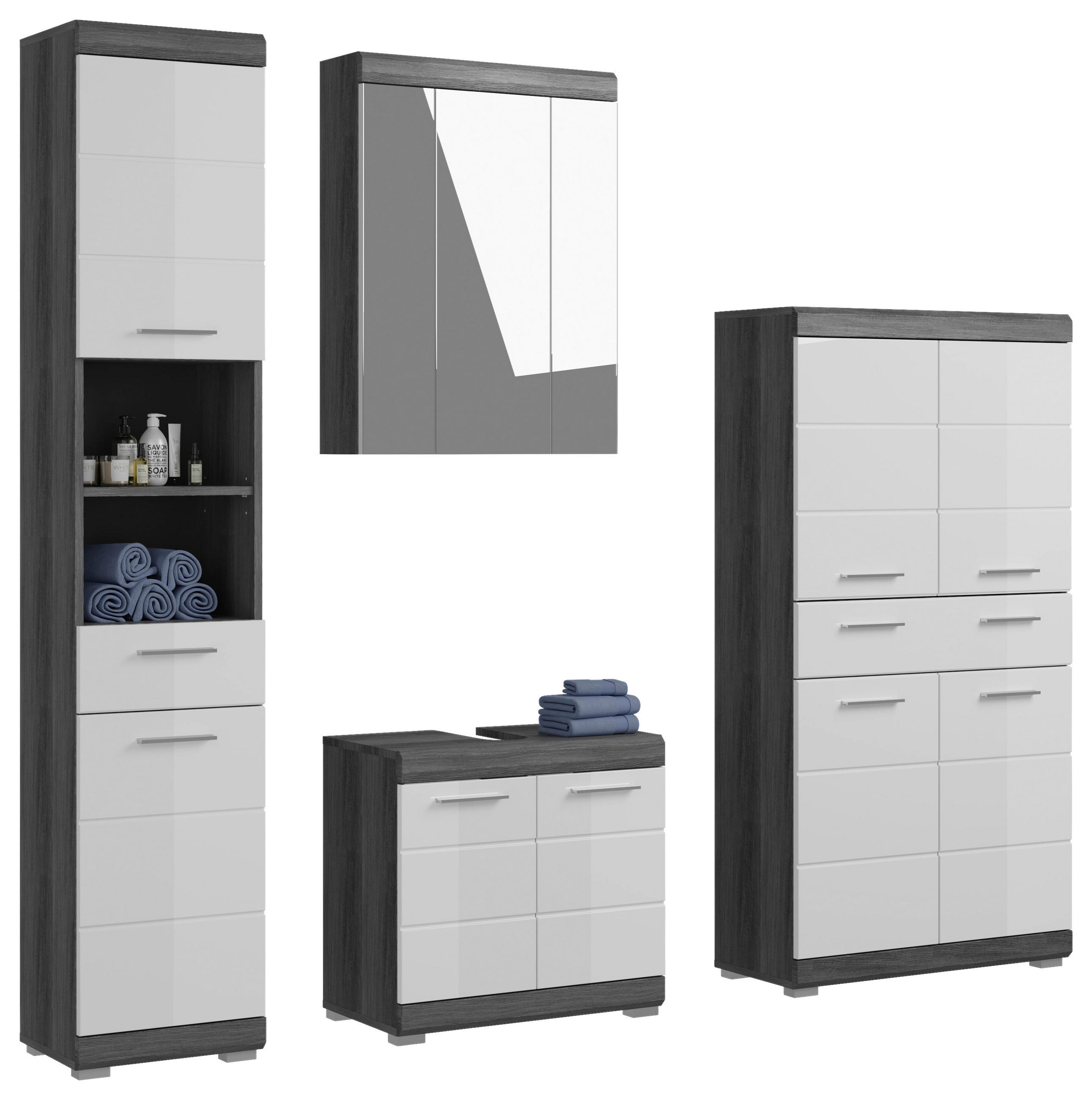 BADEZIMMER 4-teilig  in 171 cm  - Weiß Hochglanz/Grau, MODERN, Holzwerkstoff/Kunststoff (171cm) - MID.YOU