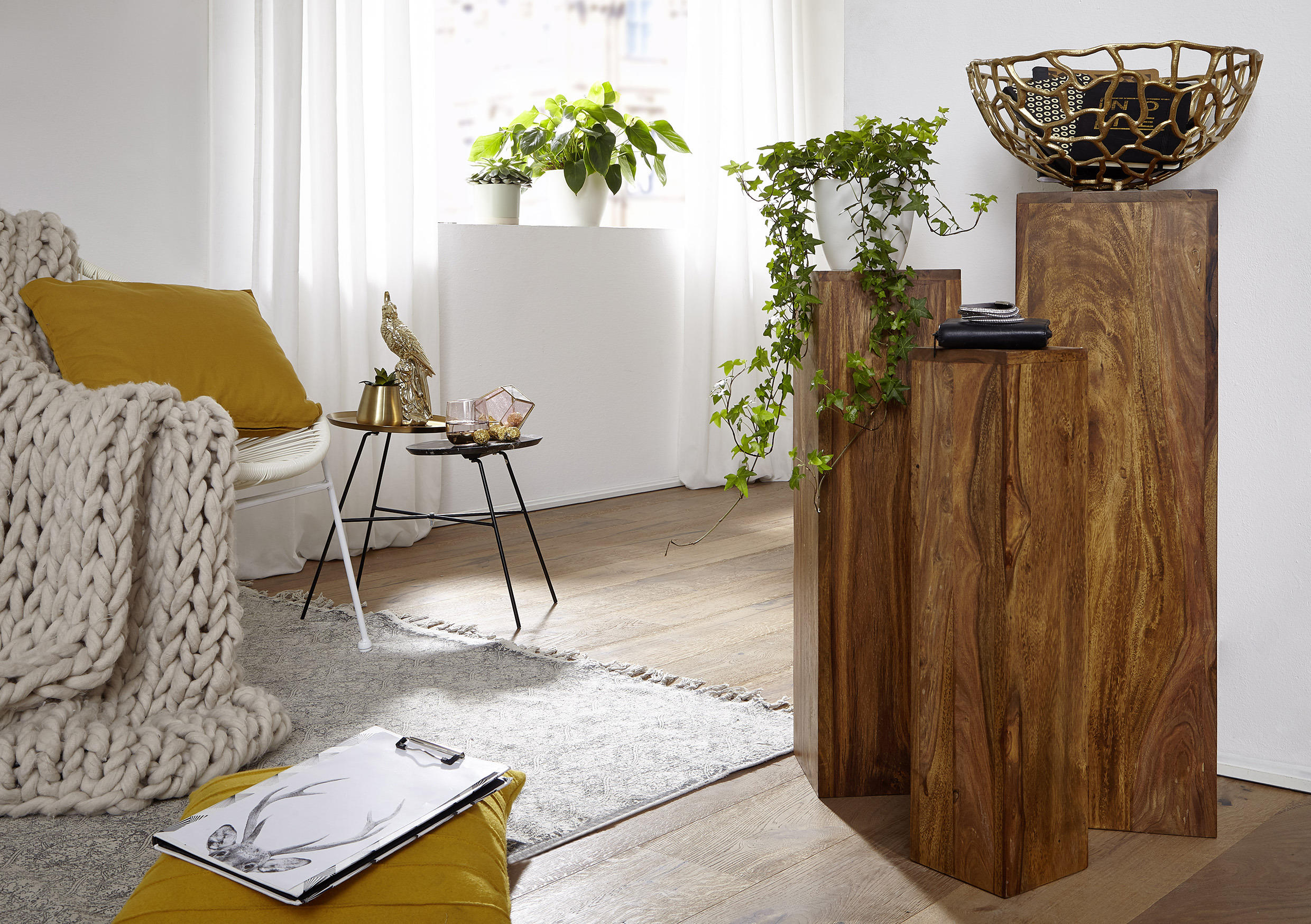 BLUMENTISCHSET Holz Sheesham massiv  - Sheeshamfarben, Design, Holz (24,5/24,5/85cm) - MID.YOU