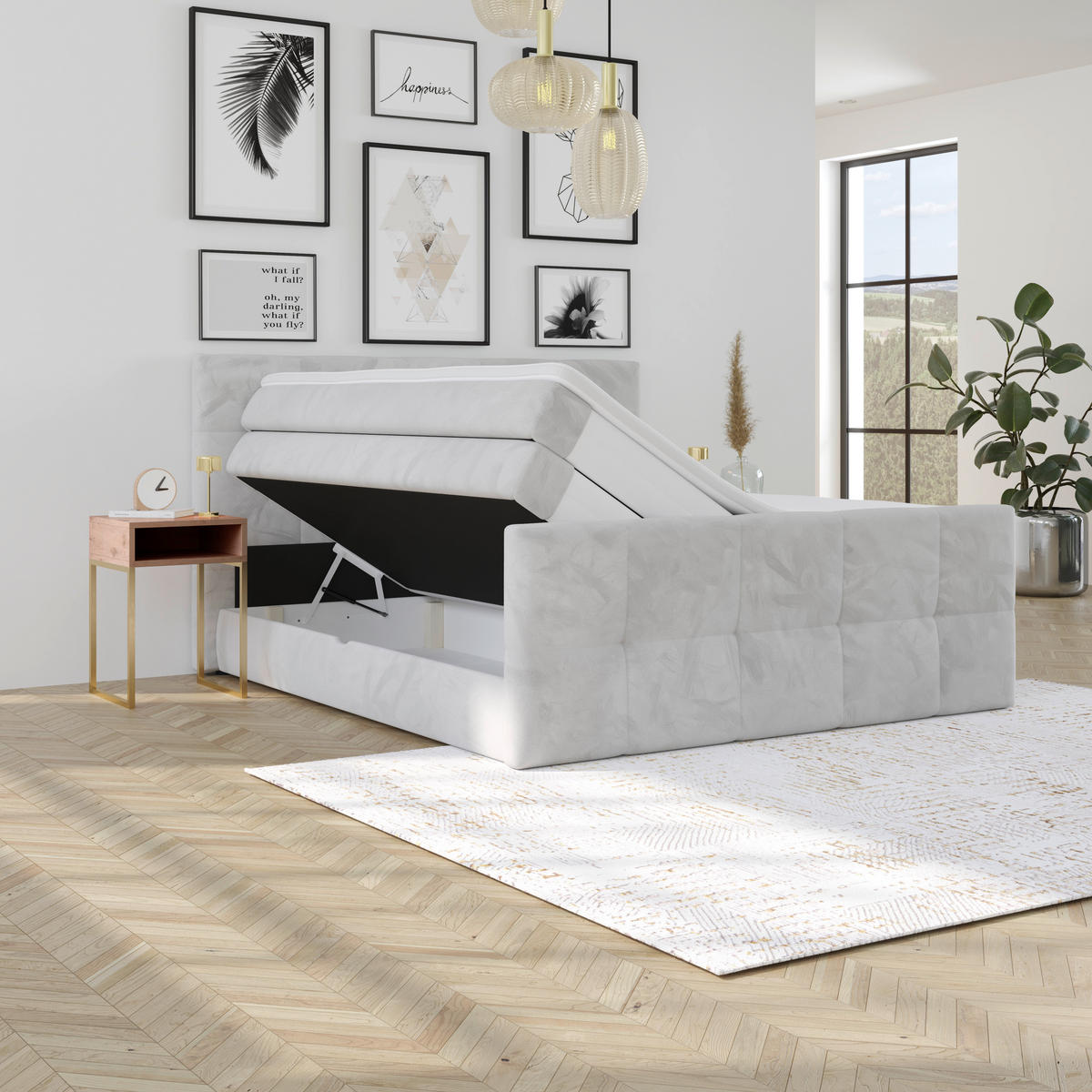 BOXSPRINGBETT 180/200 cm,  in Hellgrau, gepolstertes Kopfteil, Bettkasten, Topper, Matratzen, H3 + H3 = fest  - Hellgrau, KONVENTIONELL, Holz/Holzwerkstoff (180/200cm) - Luca Bessoni