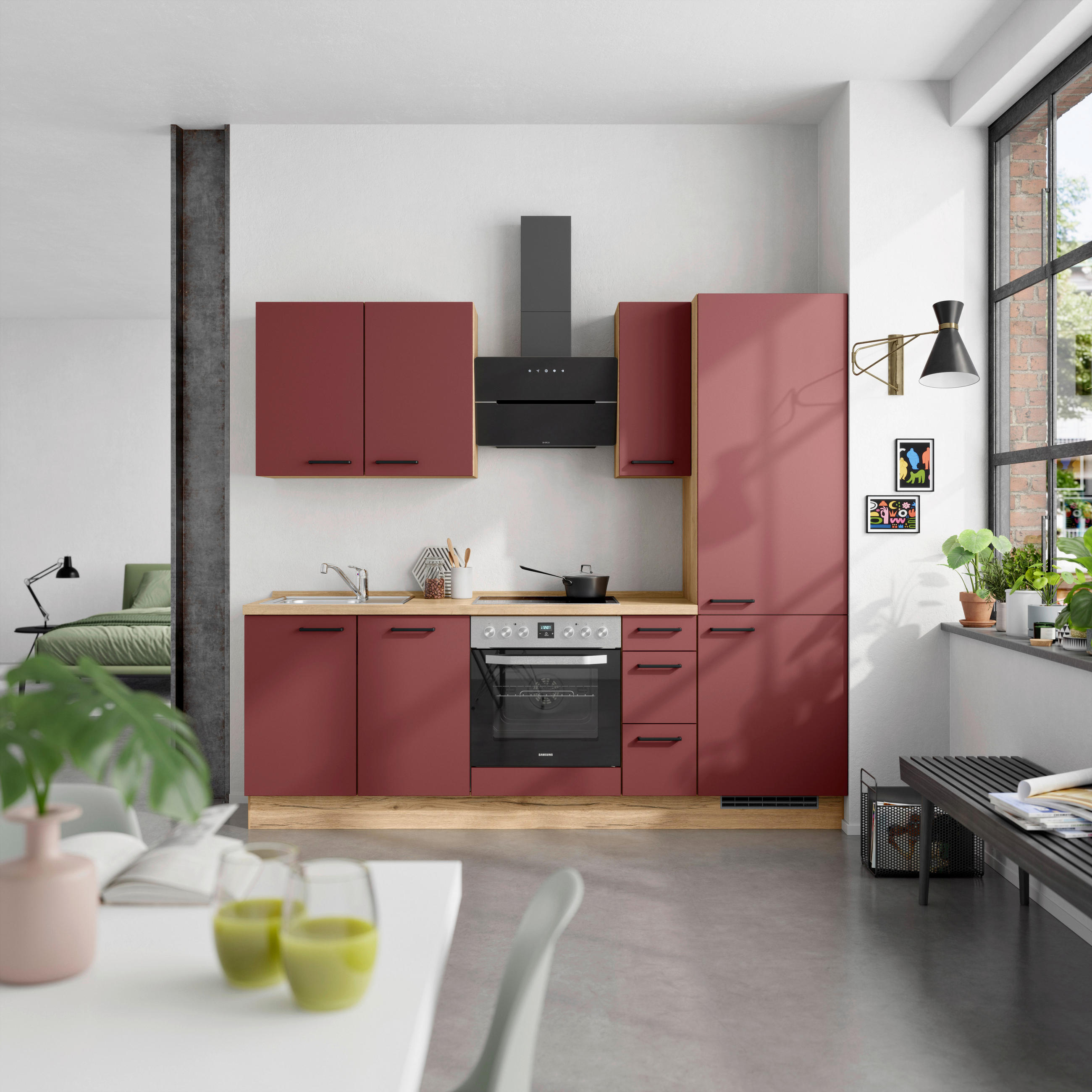 KÜCHENBLOCK Easytouch 240 cm  in Eichefarben, Dunkelrot  - Eichefarben/Schwarz, MODERN, Holzwerkstoff/Metall (240cm) - Nobilia
