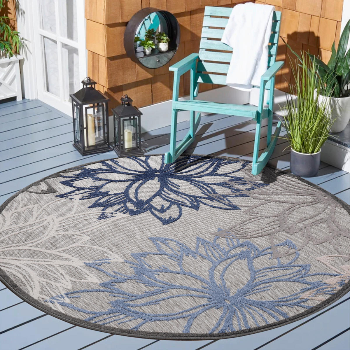 TEPIH ZA UNUTAR./VANJ. UPORAB  120 cm  plava, siva, bijela  Floral  - bijela/siva, Lifestyle, tekstil/plastika (120cm)