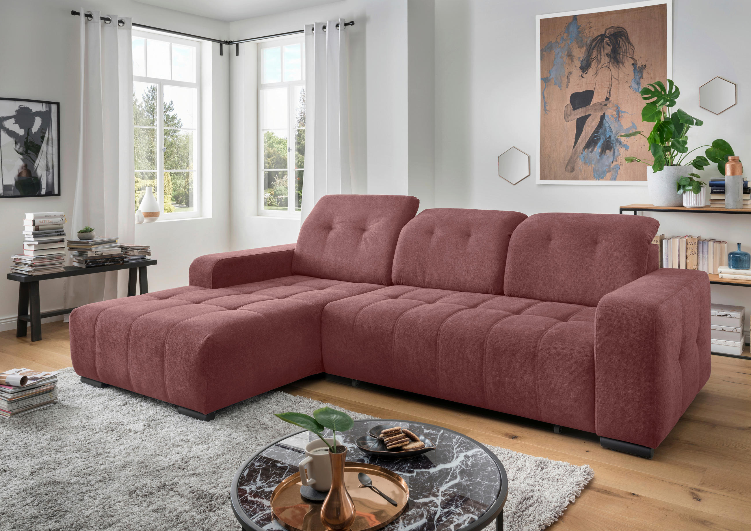 ECKSOFA VICARI Rosa Mikrofaser Kopfteilverstellung, Sitzvorzug  - Schwarz/Rosa, MODERN, Textil/Metall (185/292cm) - Livetastic