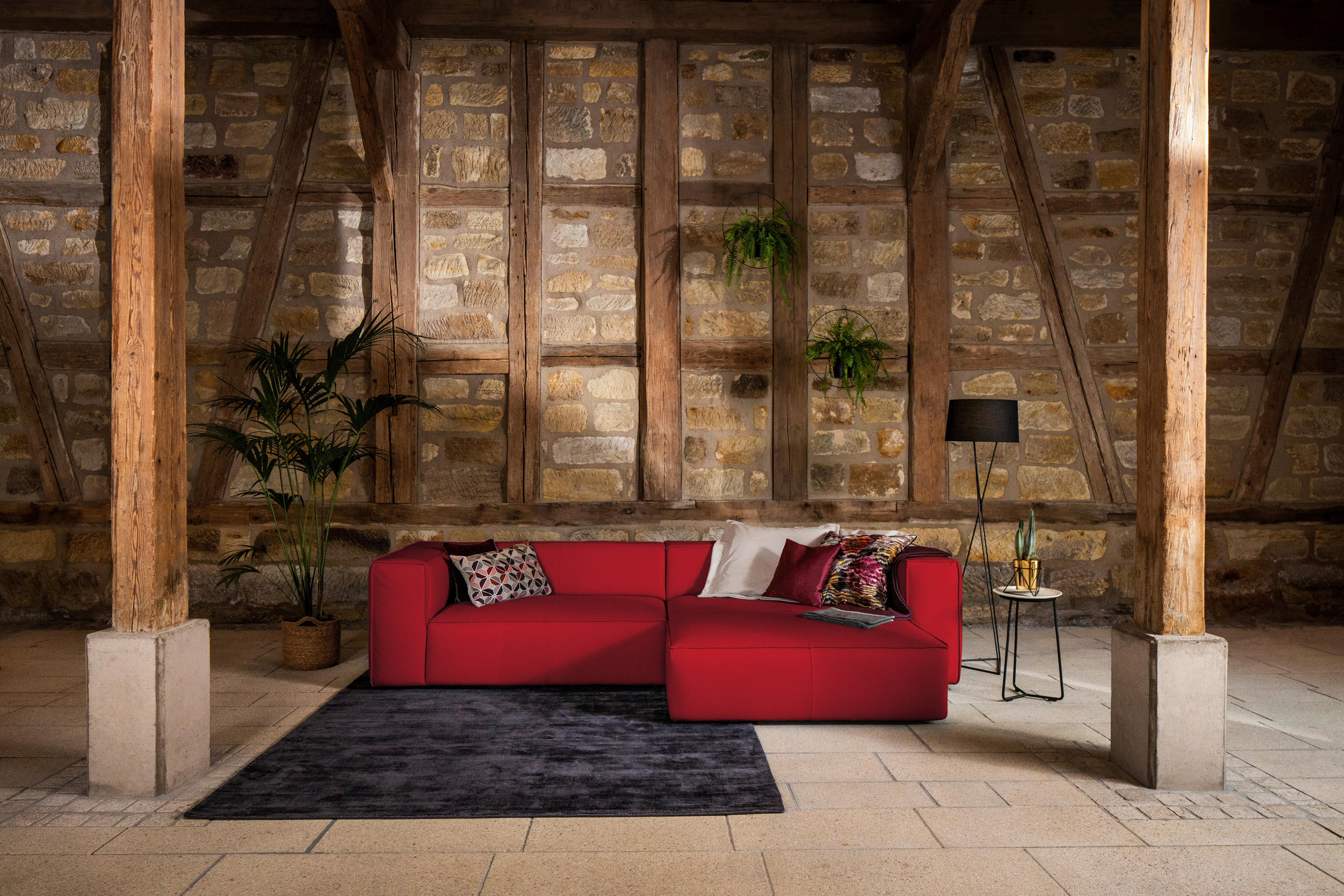 ECKSOFA in Echtleder Dunkelrot  - Schwarz/Dunkelrot, Modern, Leder/Kunststoff (300/164cm) - W.Schillig