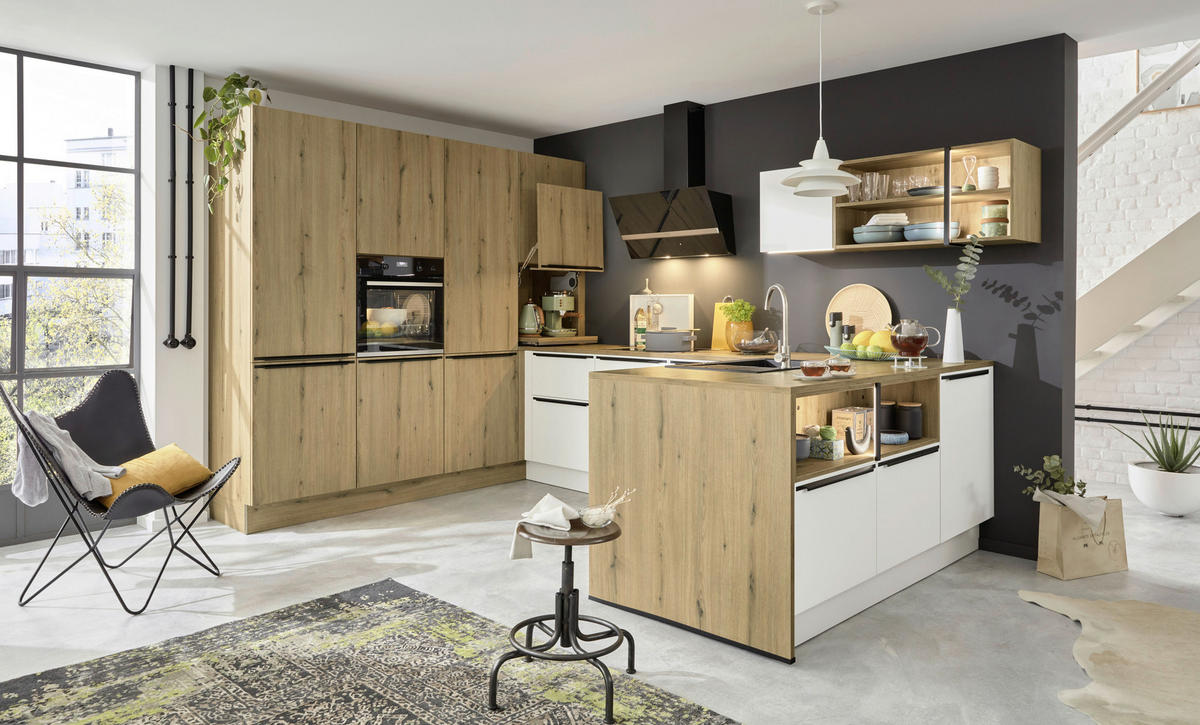 EINBAUKÜCHE   - Eichefarben/Weiß, Design, Holzwerkstoff - Dieter Knoll