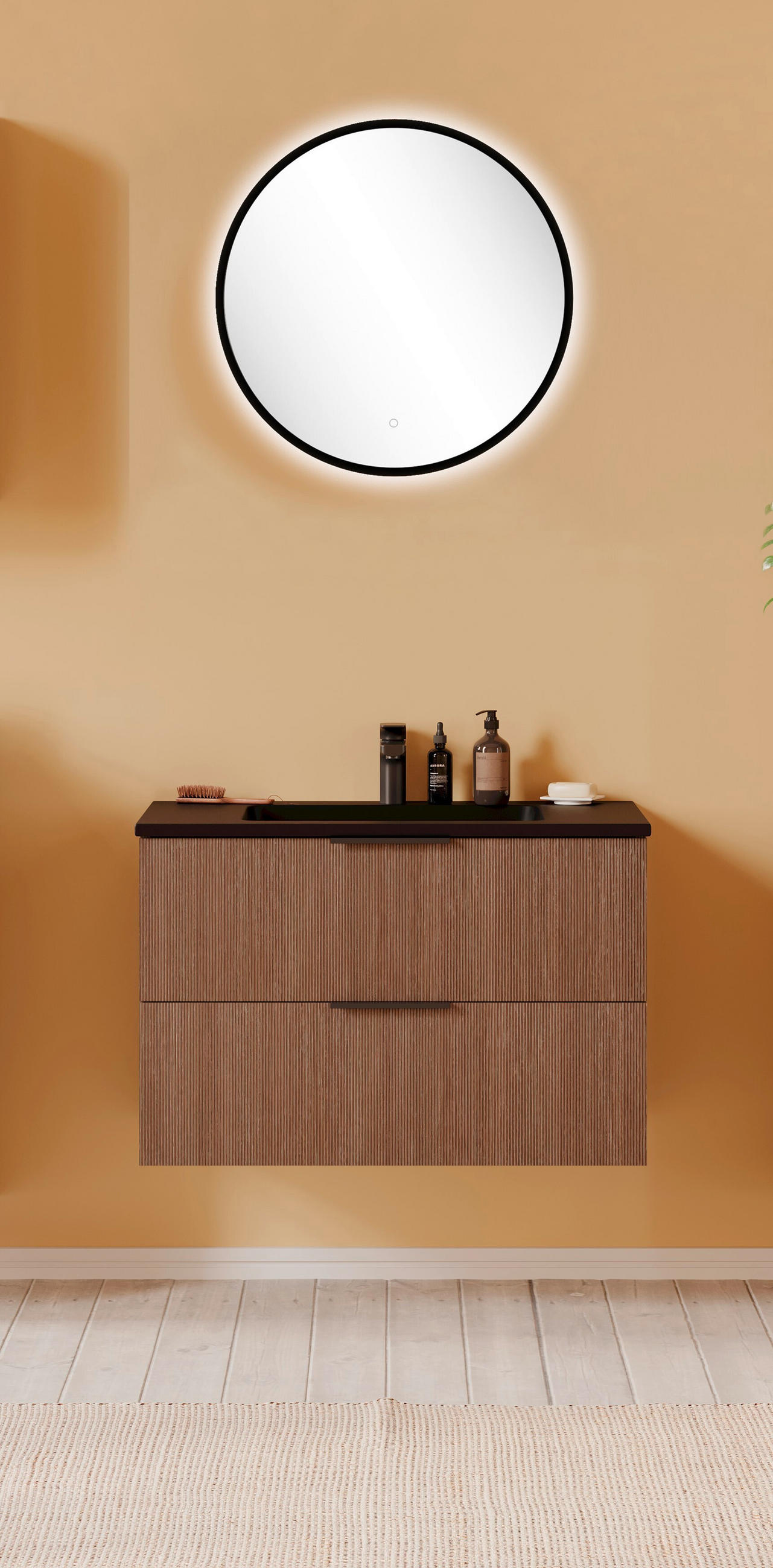 BADEZIMMER 3-teilig  in 80 cm  - Dunkelbraun/Schwarz, Natur, Holzwerkstoff/Stein (80cm) - Held