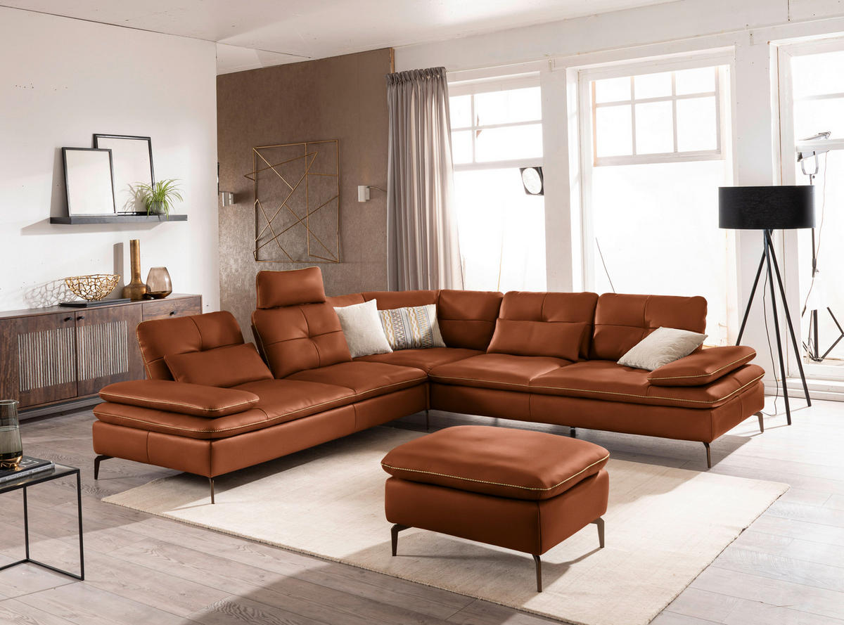 ECKSOFA in Echtleder Cognac  - Cognac/Beige, Design, Leder/Metall (298/298cm) - Chilliano