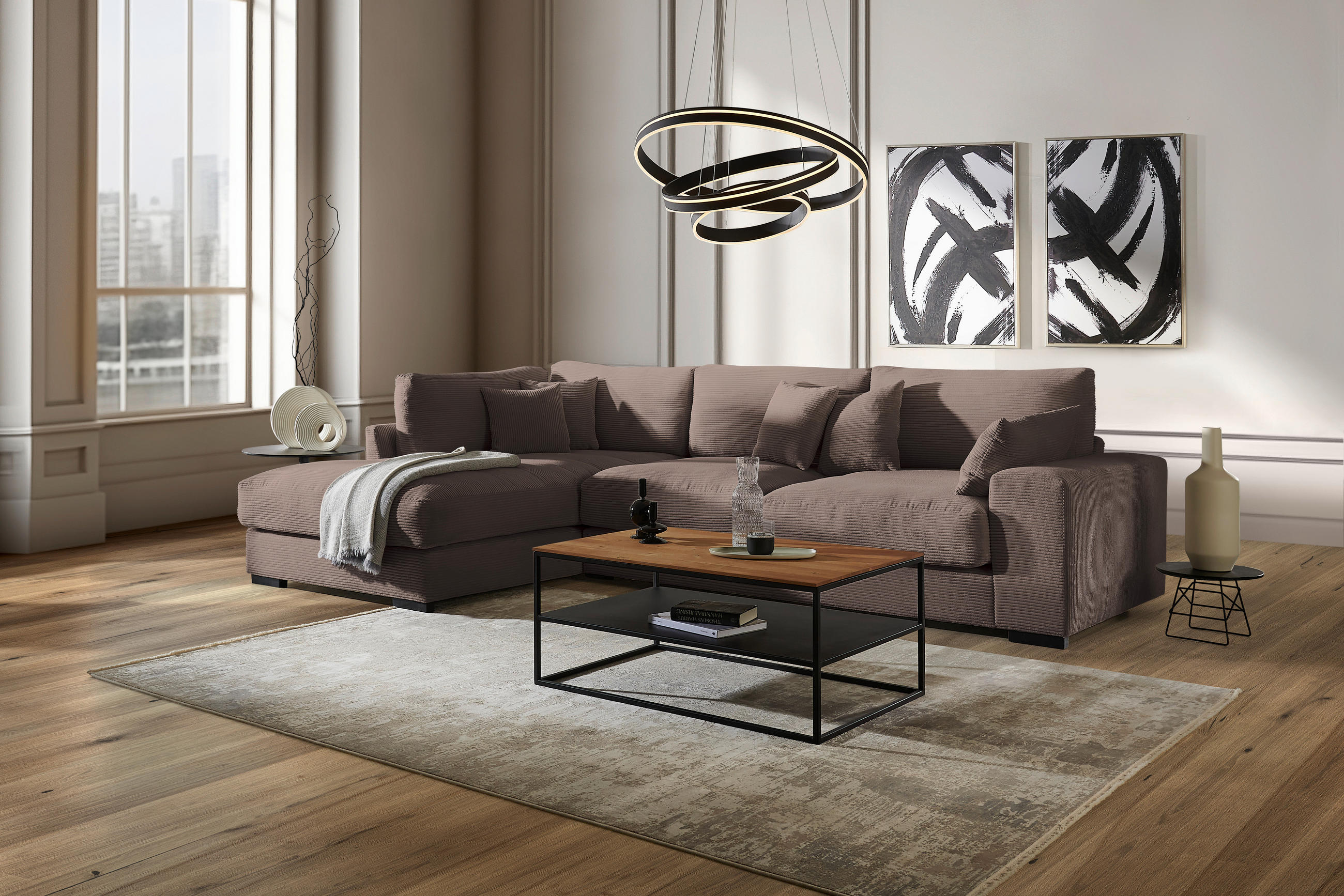 ECKSOFA in Cord Mokka  - Schwarz/Mokka, Design, Kunststoff/Textil (340/205cm) - Lomoco