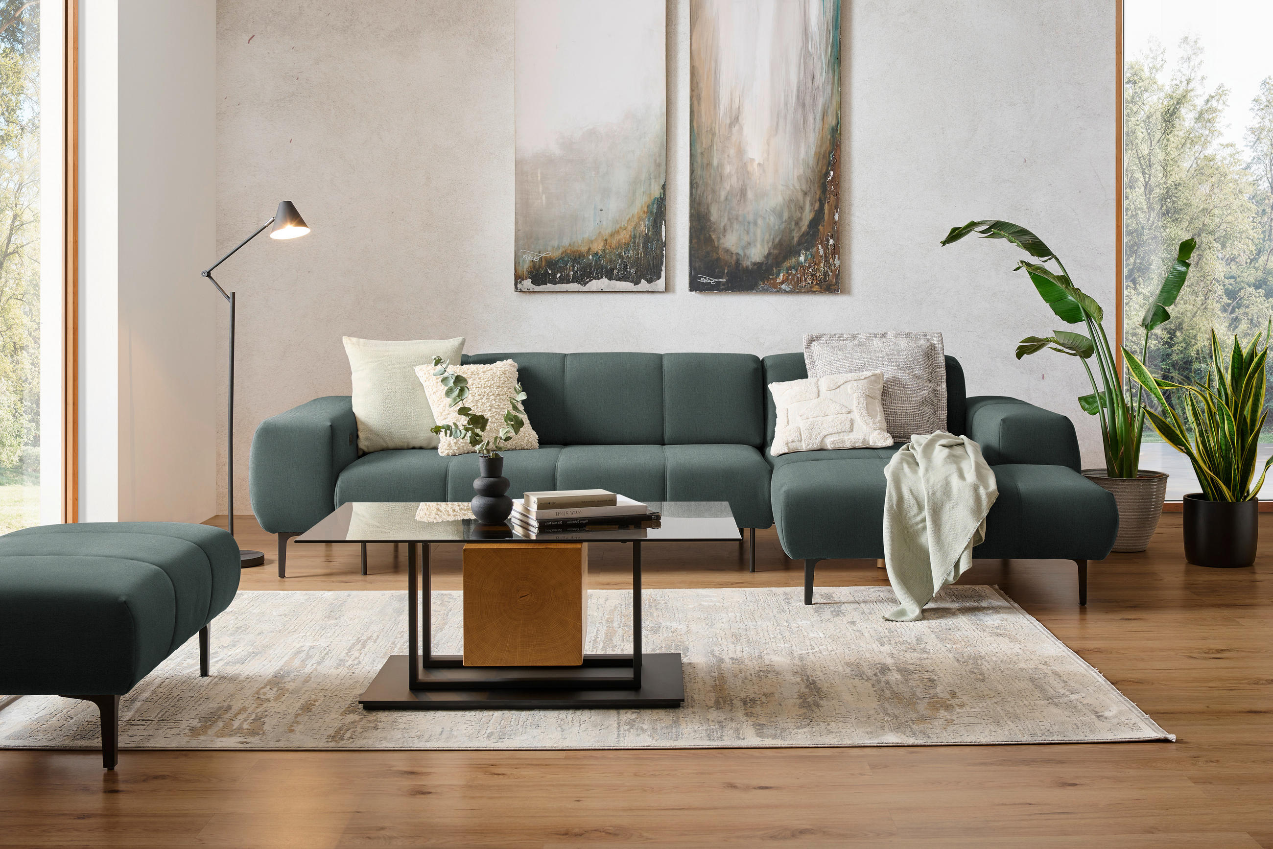 ECKSOFA in Chenille Waldgrün  - Waldgrün/Schwarz, Design, Textil/Metall (311/167cm) - Xora