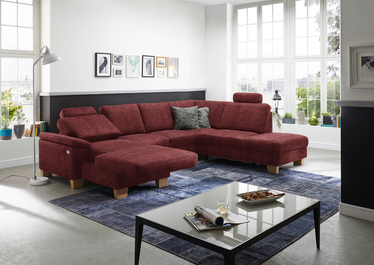 WOHNLANDSCHAFT in Velours Weinrot  - Eichefarben/Weinrot, Konventionell, Holz/Textil (167/316/235cm) - Beldomo System