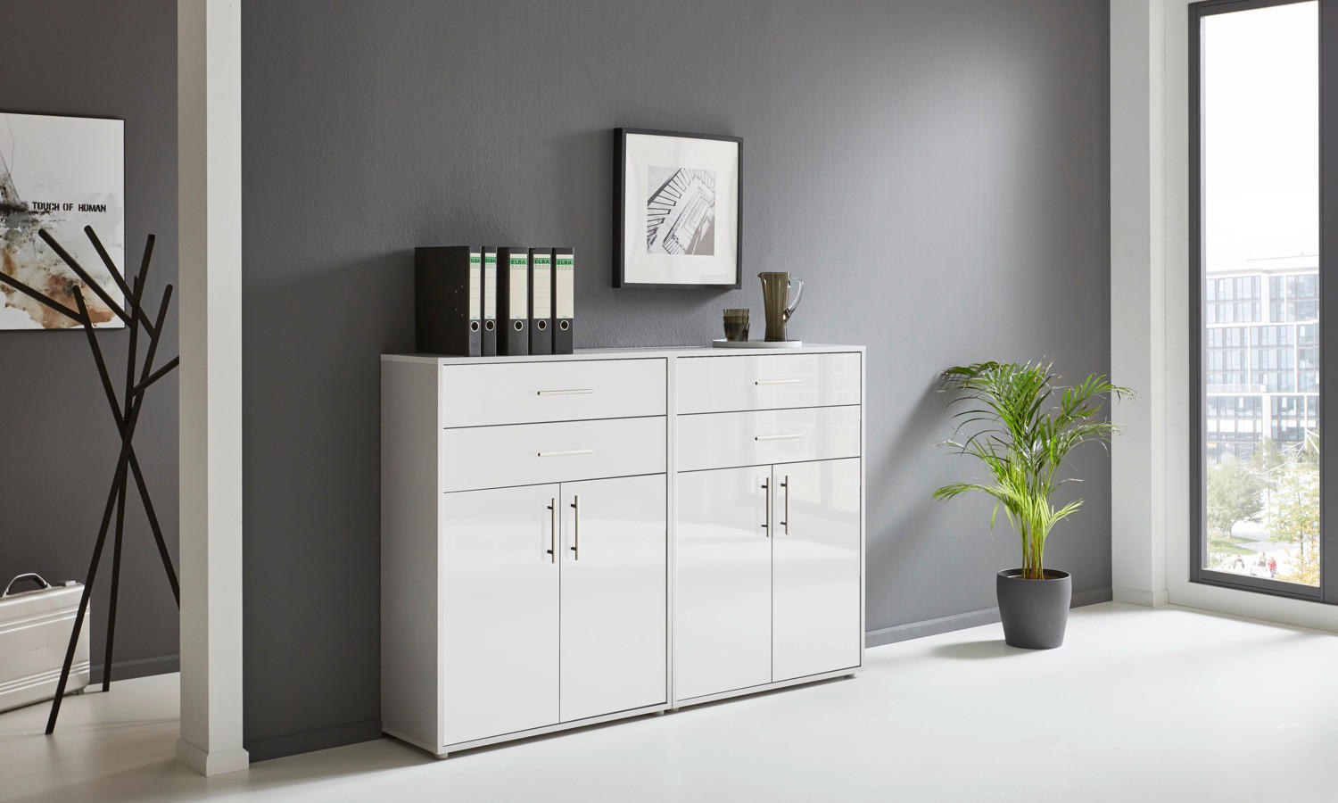 AKTENSCHRANK Grau, Weiß Hochglanz  - Weiß Hochglanz/Grau, MODERN, Holzwerkstoff (168,8/113,6/33cm) - MID.YOU